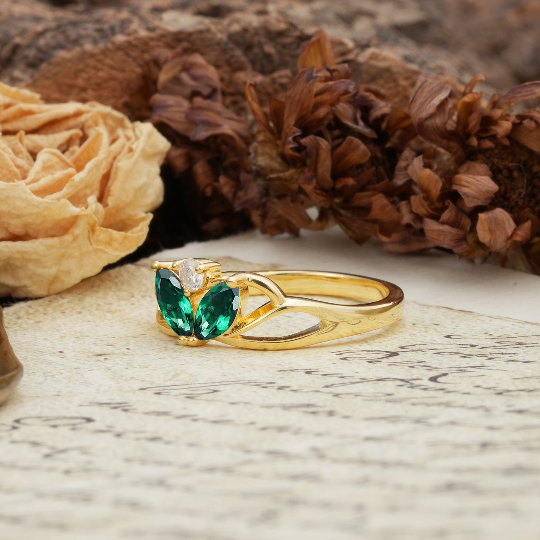 Unique, Luxurious Crown-Style 2-Prong Marquise Cut Emerald Three Stones Wedding Ring - Additional view
