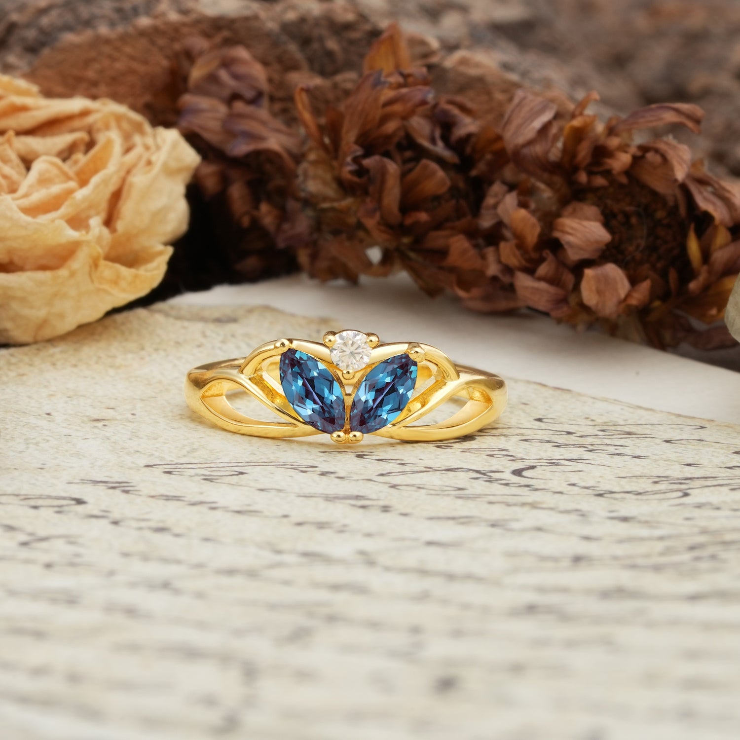 Unique, Luxurious Crown-Style 2-Prong Marquise Cut Alexandrite Three Stones Wedding Ring - Additional view