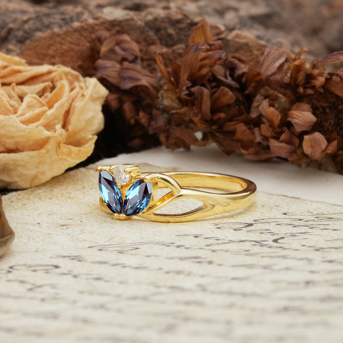 Unique, Luxurious Crown-Style 2-Prong Marquise Cut Alexandrite Three Stones Wedding Ring - Additional view