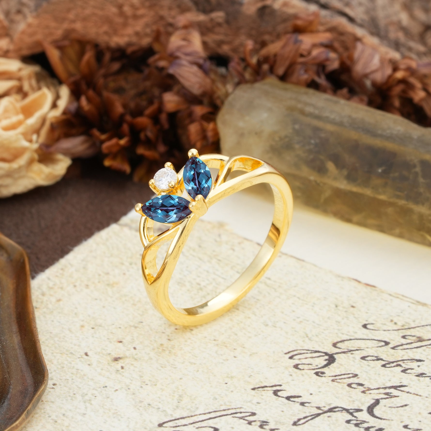 Unique, Luxurious Crown-Style 2-Prong Marquise Cut Alexandrite Three Stones Wedding Ring - Additional view