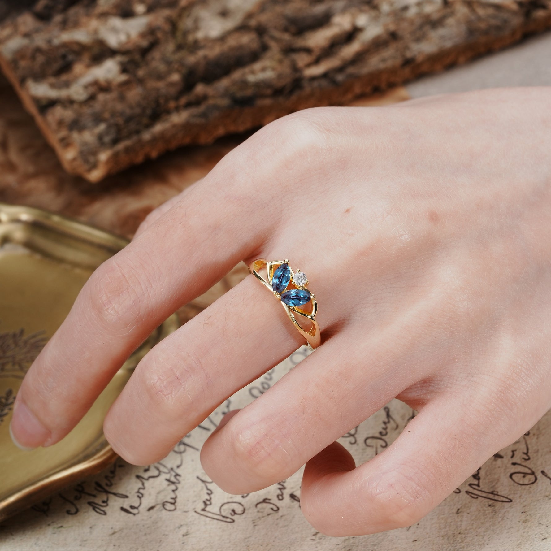 Unique, Luxurious Crown-Style 2-Prong Marquise Cut Alexandrite Three Stones Wedding Ring - Additional view