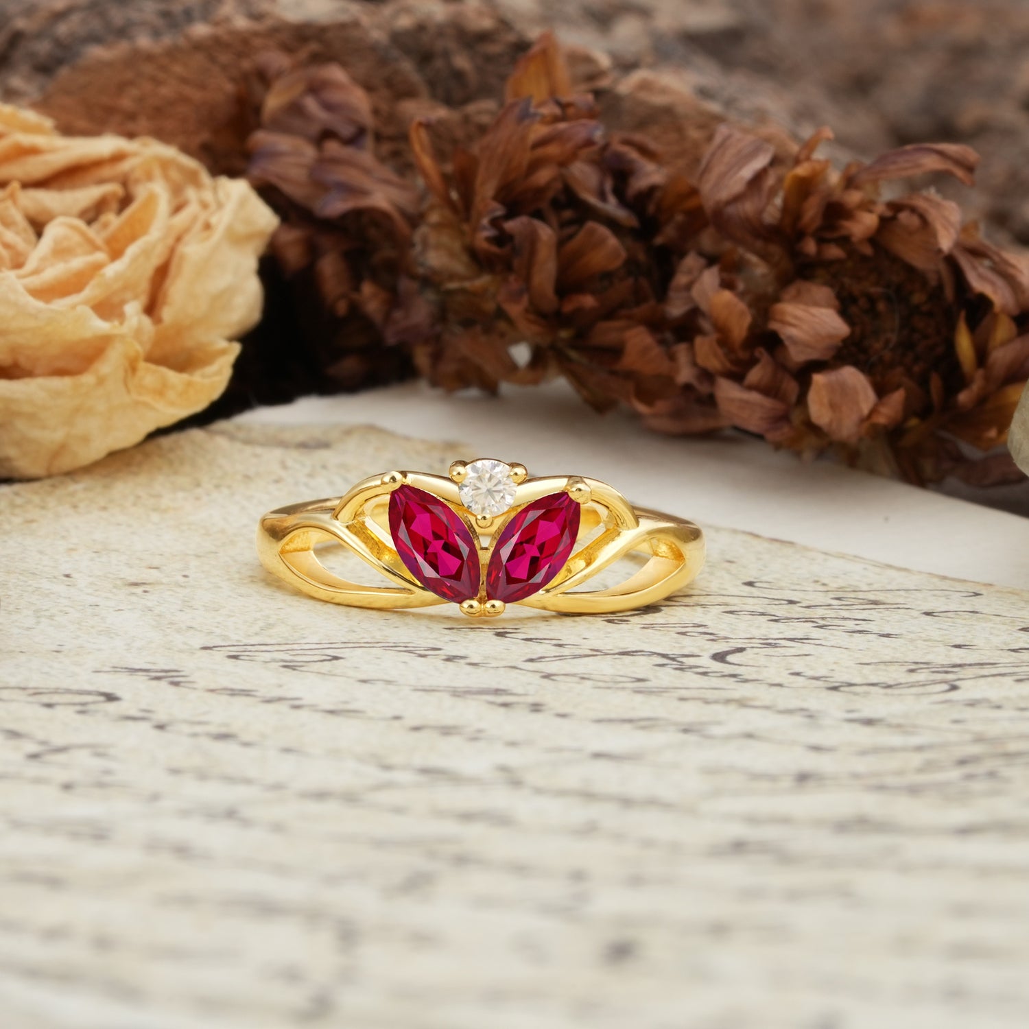Unique, Luxurious Crown-Style 2-Prong Marquise Cut Ruby Three Stones Wedding Ring - Additional view