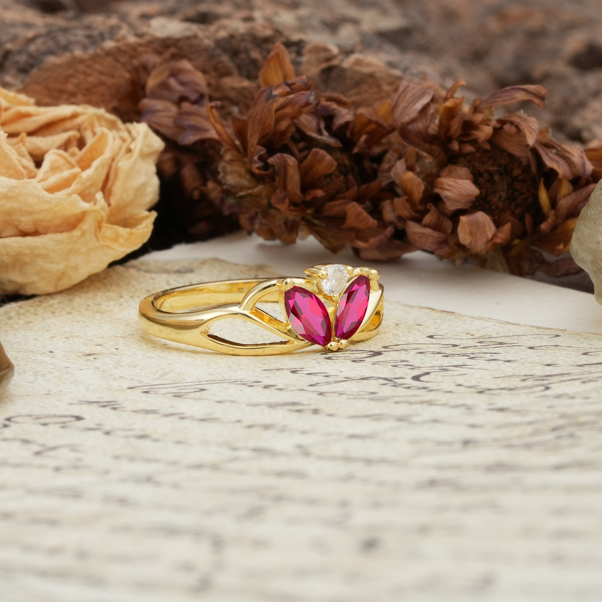 Unique, Luxurious Crown-Style 2-Prong Marquise Cut Ruby Three Stones Wedding Ring - Additional view