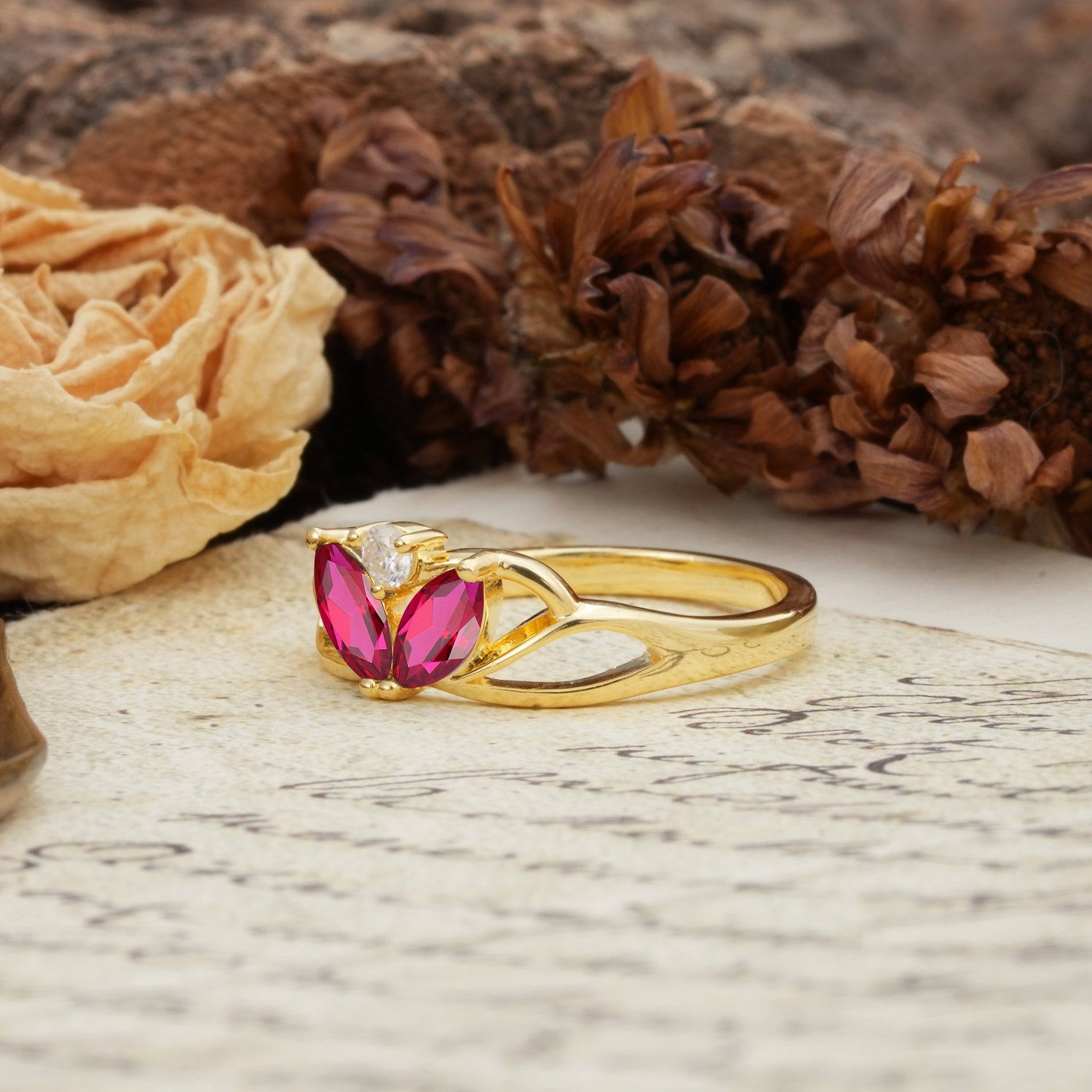 Unique, Luxurious Crown-Style 2-Prong Marquise Cut Ruby Three Stones Wedding Ring - Additional view