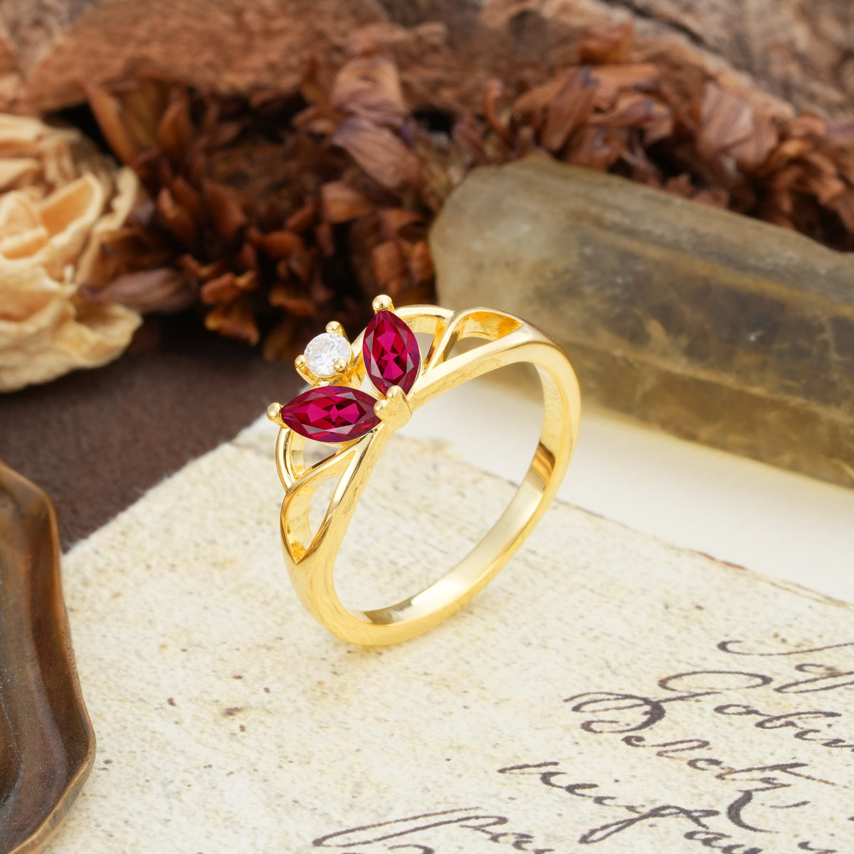 Unique, Luxurious Crown-Style 2-Prong Marquise Cut Ruby Three Stones Wedding Ring - Additional view