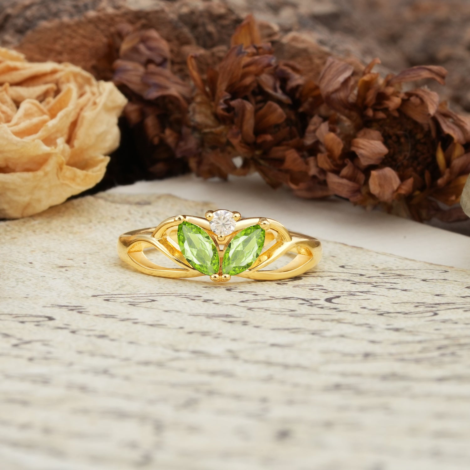 Unique, Luxurious Crown-Style 2-Prong Marquise Cut Peridot Three Stones Wedding Ring - Additional view