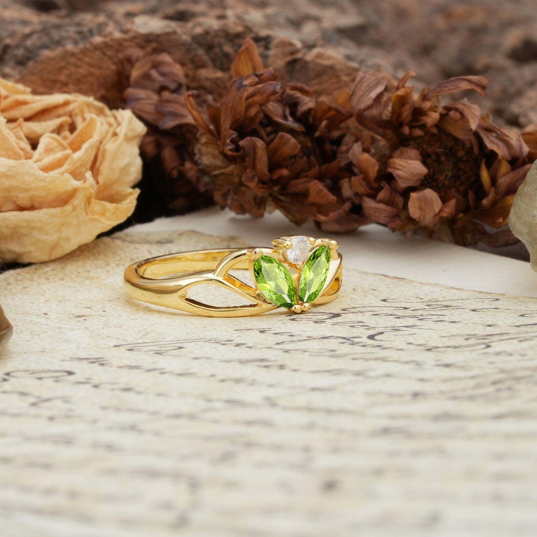 Unique, Luxurious Crown-Style 2-Prong Marquise Cut Peridot Three Stones Wedding Ring - Additional view