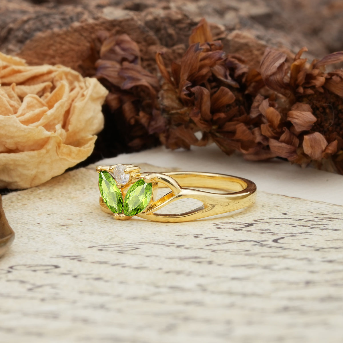 Unique, Luxurious Crown-Style 2-Prong Marquise Cut Peridot Three Stones Wedding Ring - Additional view