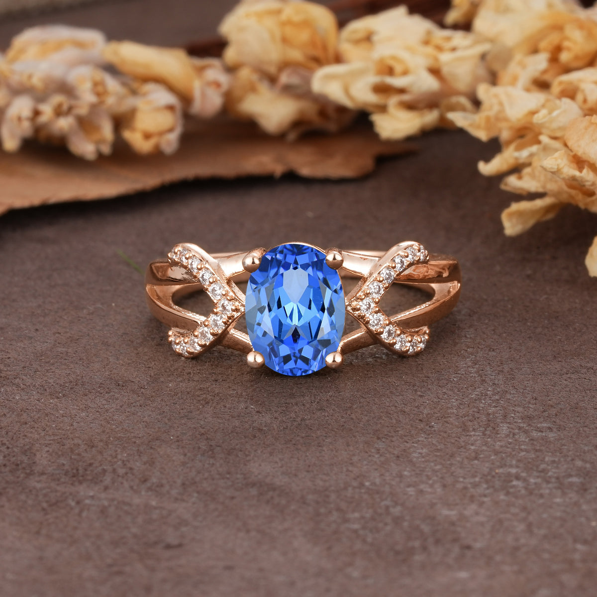 Dual Cross X Pave Accent Oval Cut Sapphire Engagement Ring - Additional view