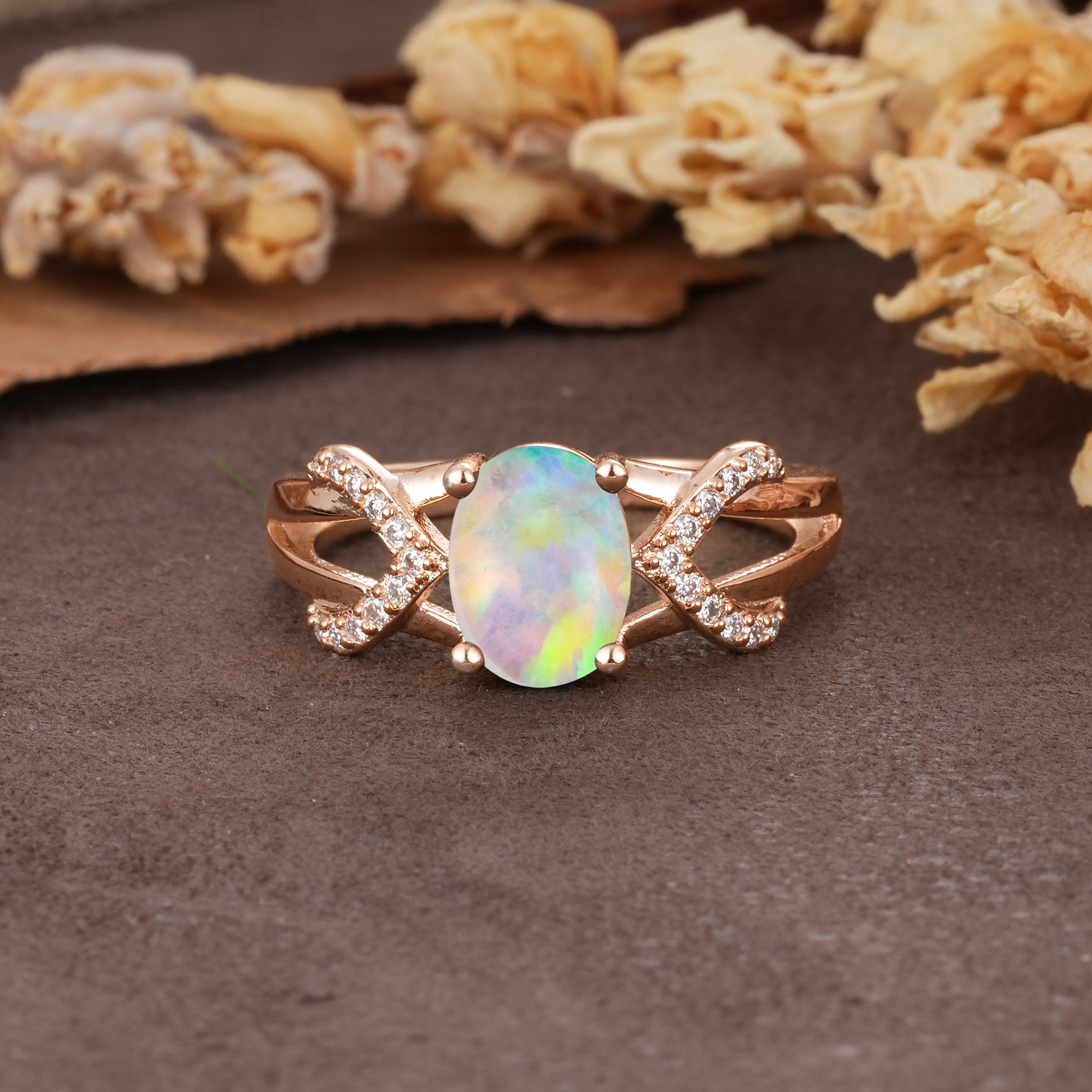 Dual Cross X Pave Accent Oval Cut Fire Opal Engagement Ring - Additional view