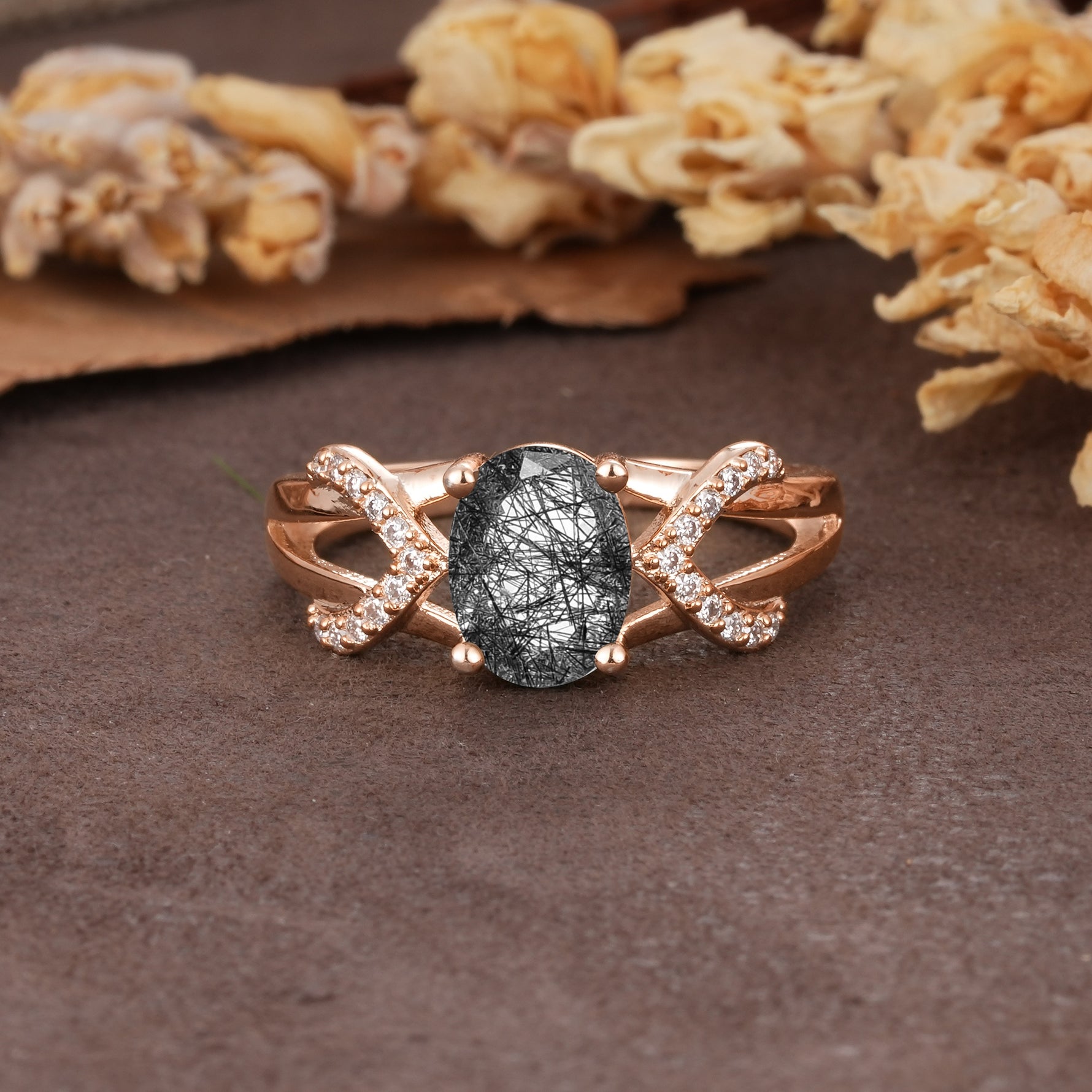 Dual Cross X Pave Accent Oval Cut Black Rutilated Quartz Engagement Ring - Additional view