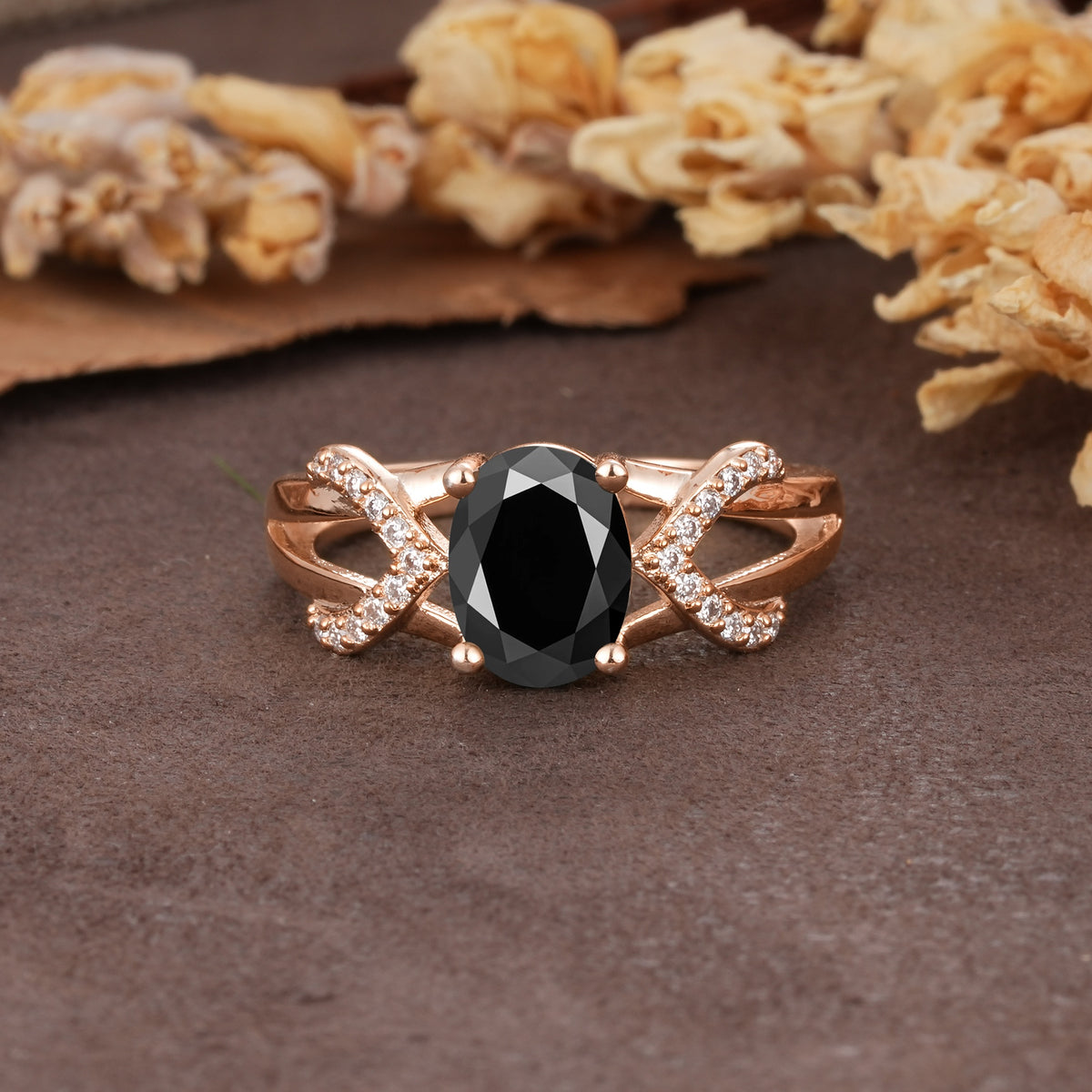 Dual Cross X Pave Accent Oval Cut Black Onyx Engagement Ring - Additional view