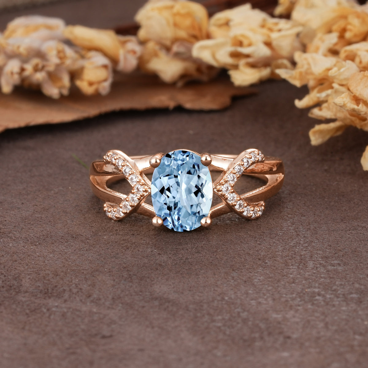 Dual Cross X Pave Accent Oval Cut Aquamarine Engagement Ring - Additional view