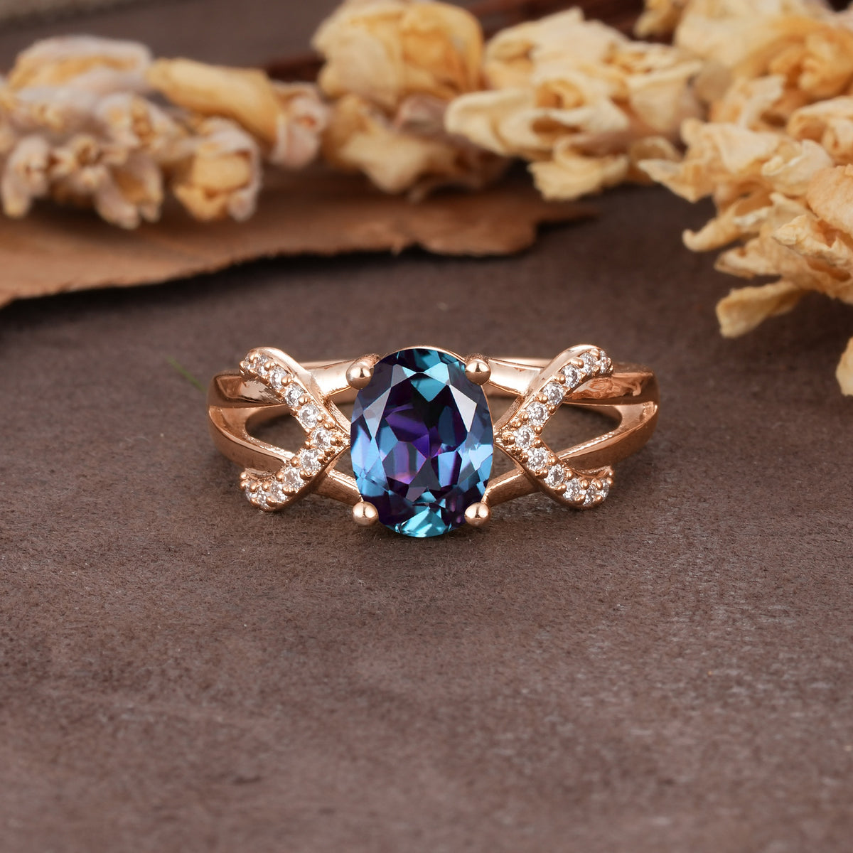 Dual Cross X Pave Accent Oval Cut Alexandrite Engagement Ring - Additional view