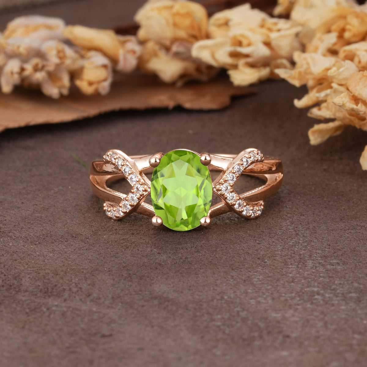 Dual Cross X Pave Accent Oval Cut Peridot Engagement Ring - Additional view
