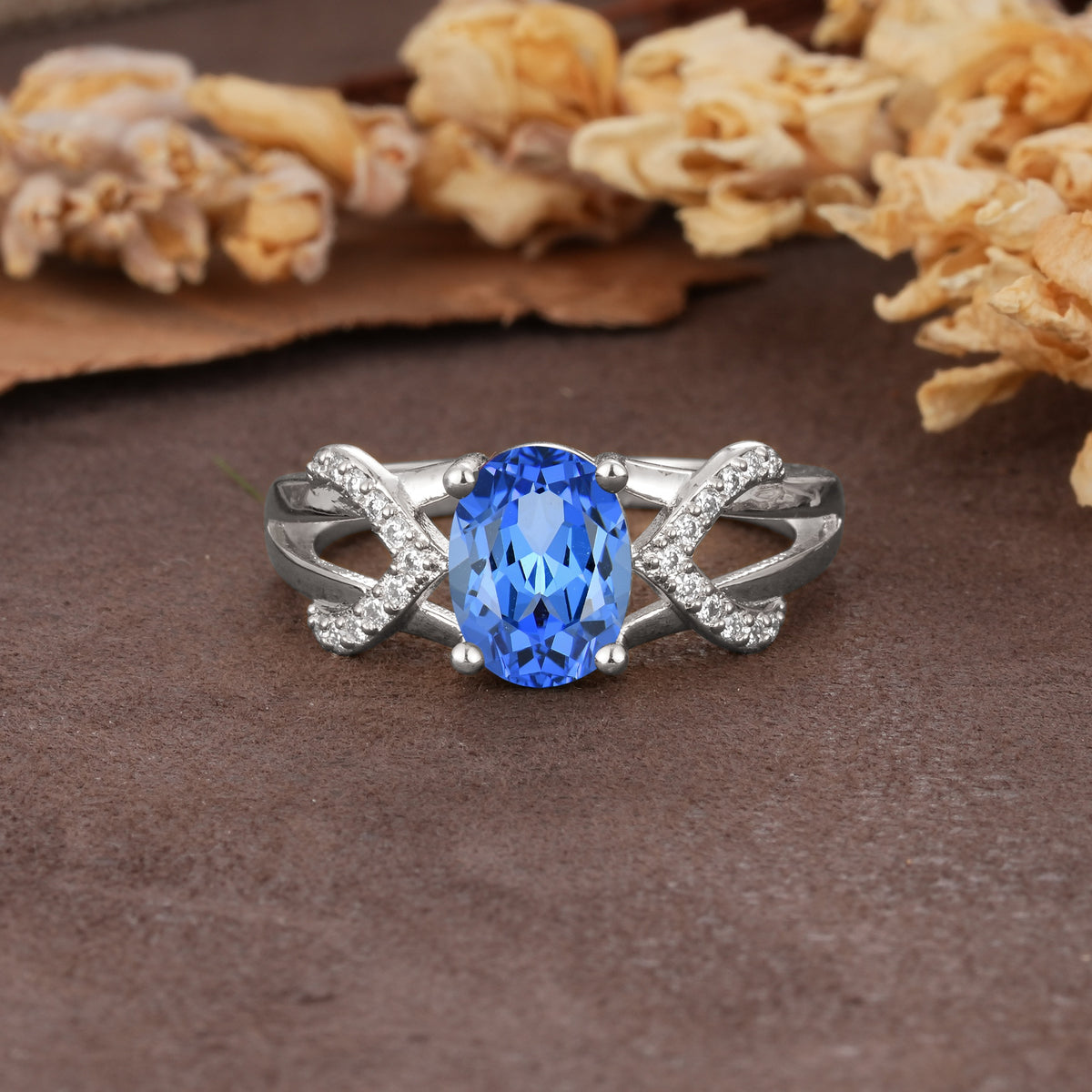 Dual Cross X Pave Accent Oval Cut Sapphire Engagement Ring - Additional view