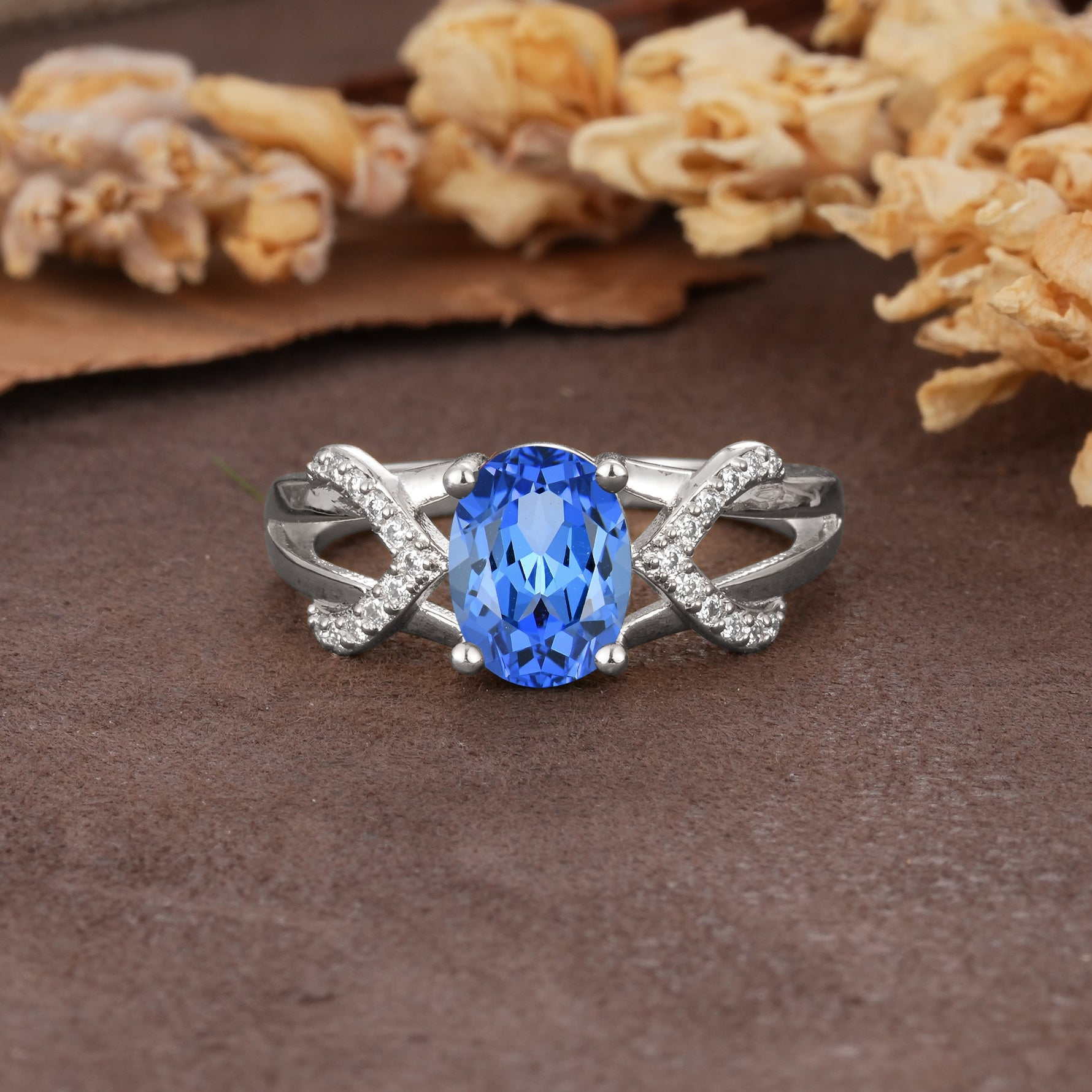 Dual Cross X Pave Accent Oval Cut Sapphire Engagement Ring - Additional view