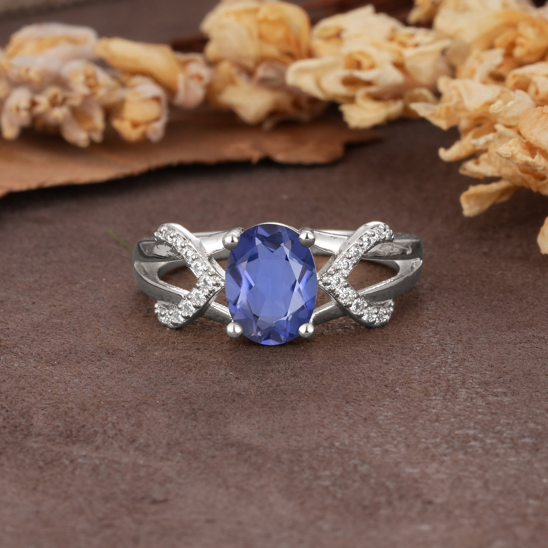 Dual Cross X Pave Accent Oval Cut Tanzanite Engagement Ring - Additional view