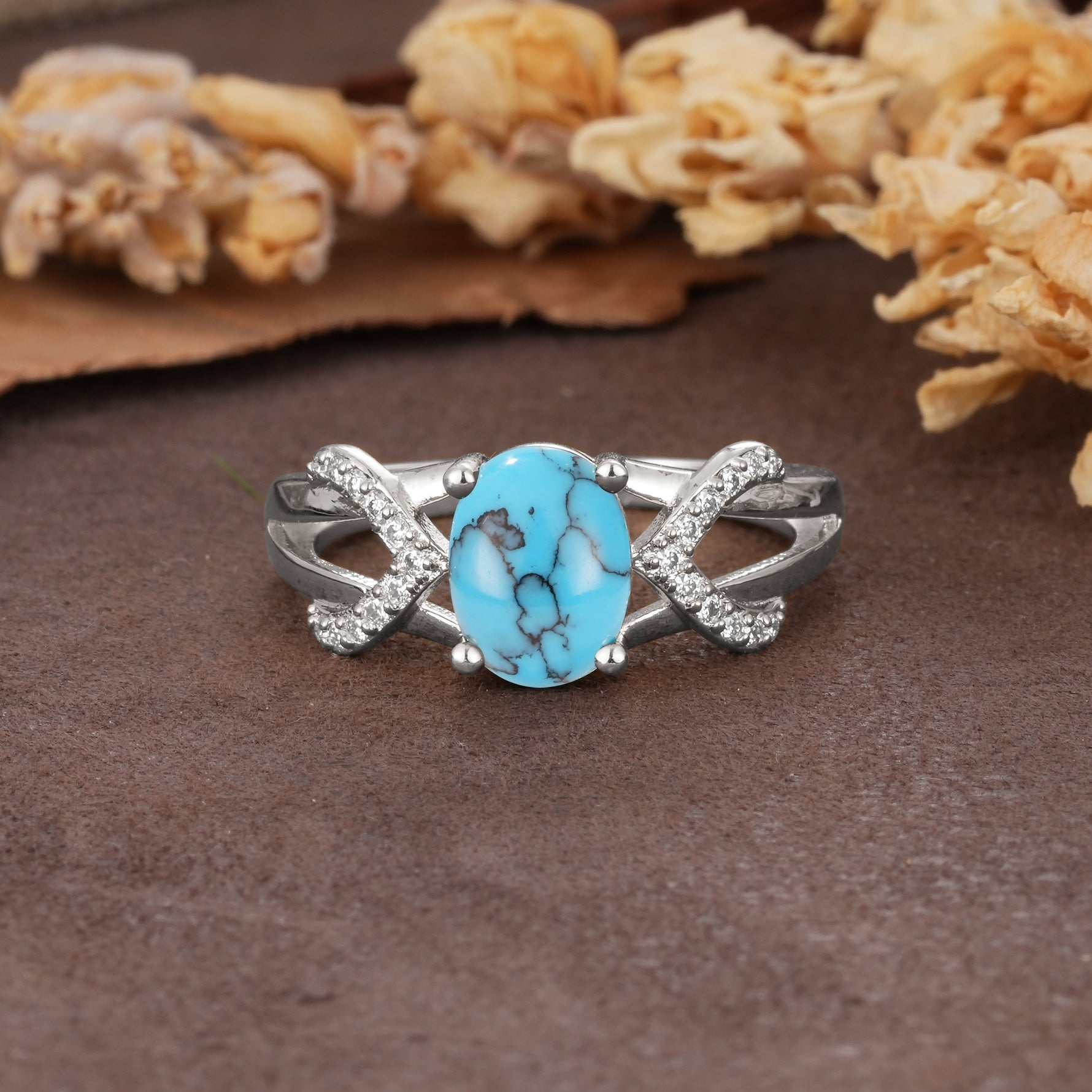 Dual Cross X Pave Accent Oval Cut Turquoise Engagement Ring - Additional view