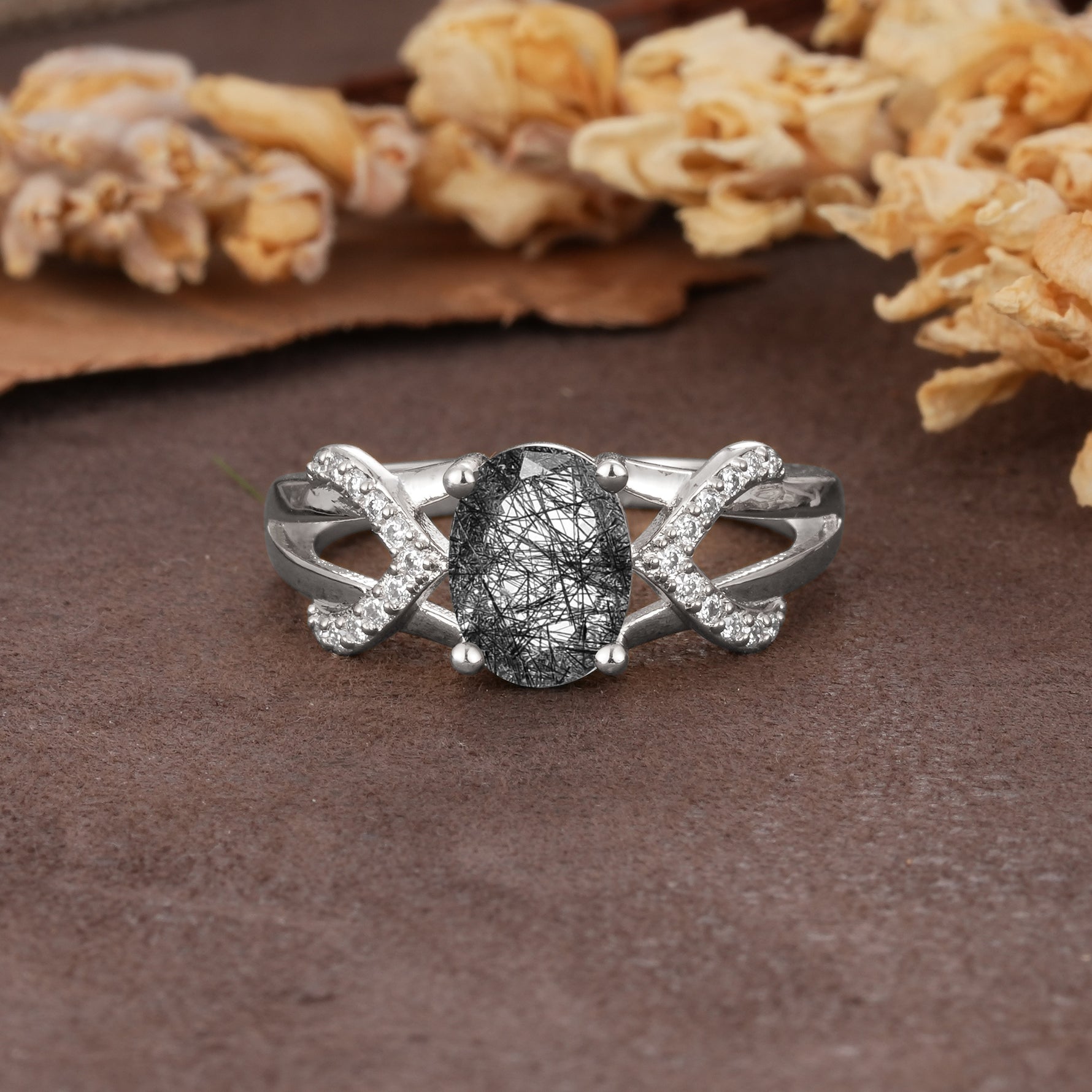 Dual Cross X Pave Accent Oval Cut Black Rutilated Quartz Engagement Ring - Additional view