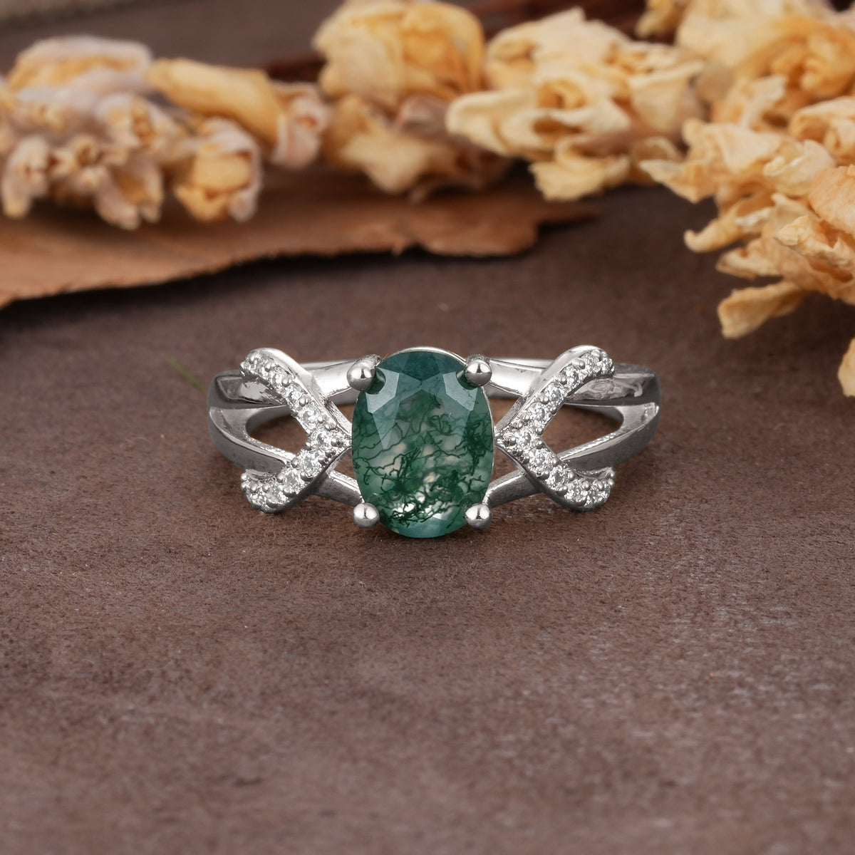 Dual Cross X Pave Accent Oval Cut Moss Agate Engagement Ring - Additional view