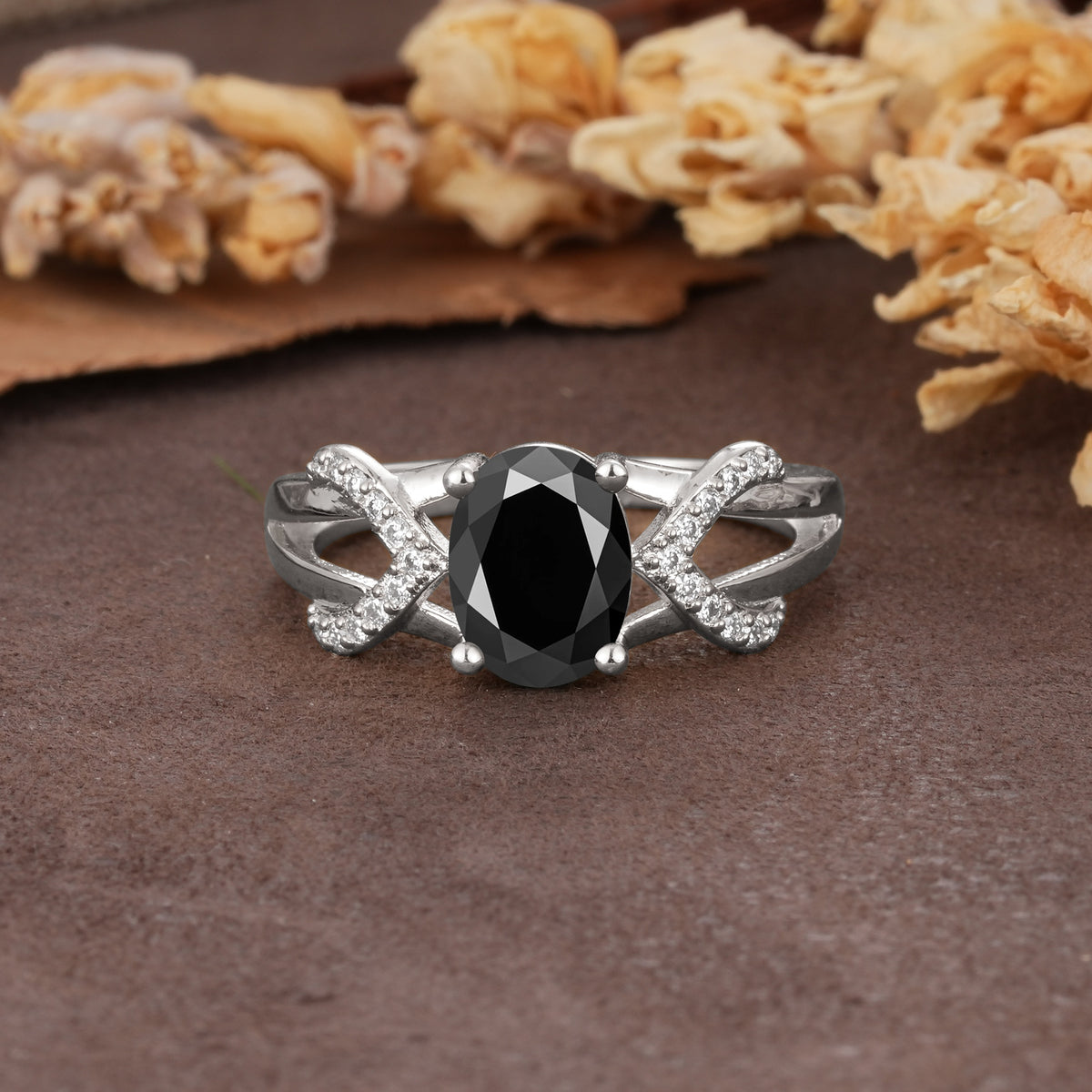 Dual Cross X Pave Accent Oval Cut Black Onyx Engagement Ring - Additional view