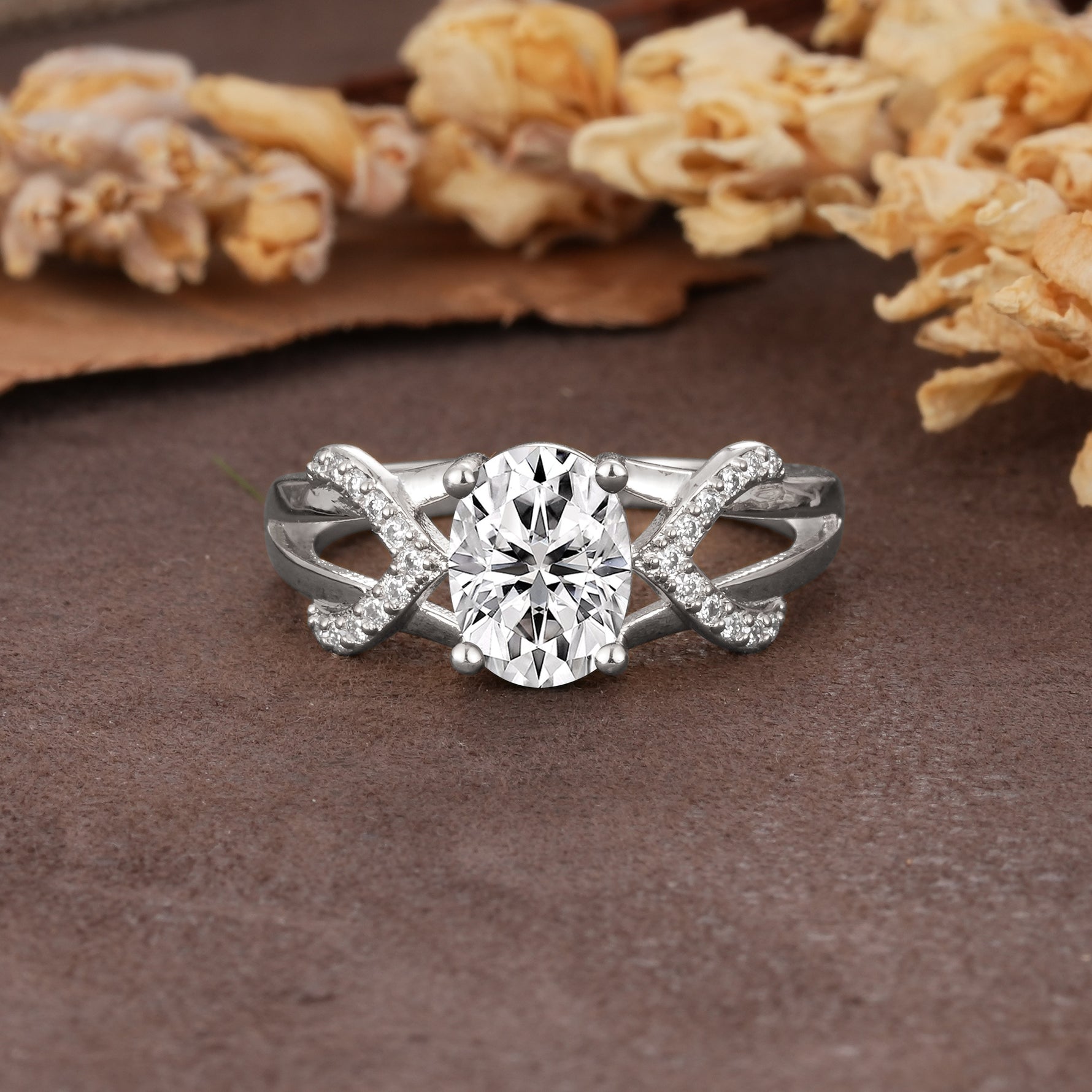 Dual Cross X Pave Accent Oval Cut Lab Diamond Engagement Ring - Additional view