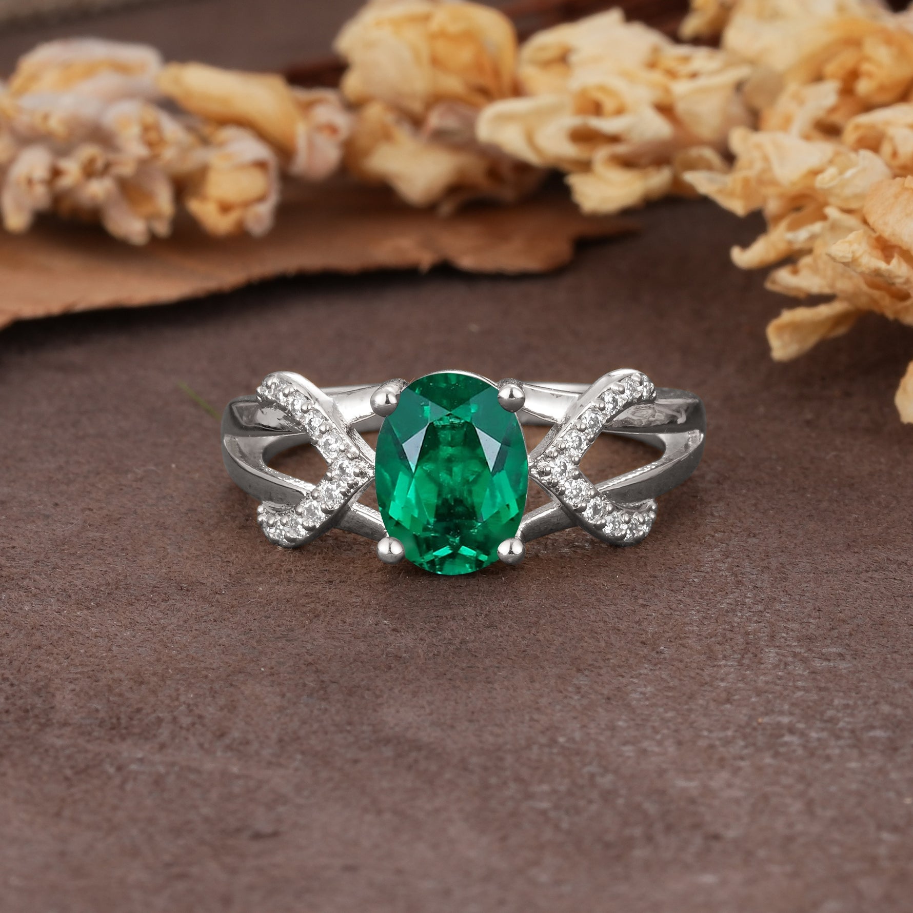 Dual Cross X Pave Accent Oval Cut Emerald Engagement Ring - Additional view