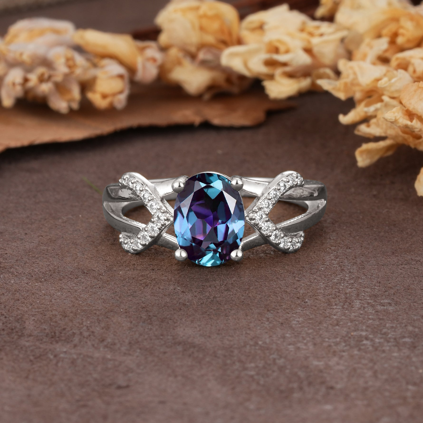 Dual Cross X Pave Accent Oval Cut Alexandrite Engagement Ring - Additional view