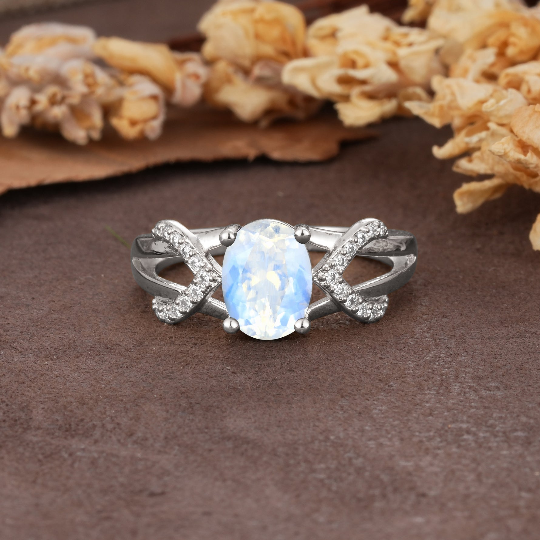 Dual Cross X Pave Accent Oval Cut Moonstone Engagement Ring - Additional view