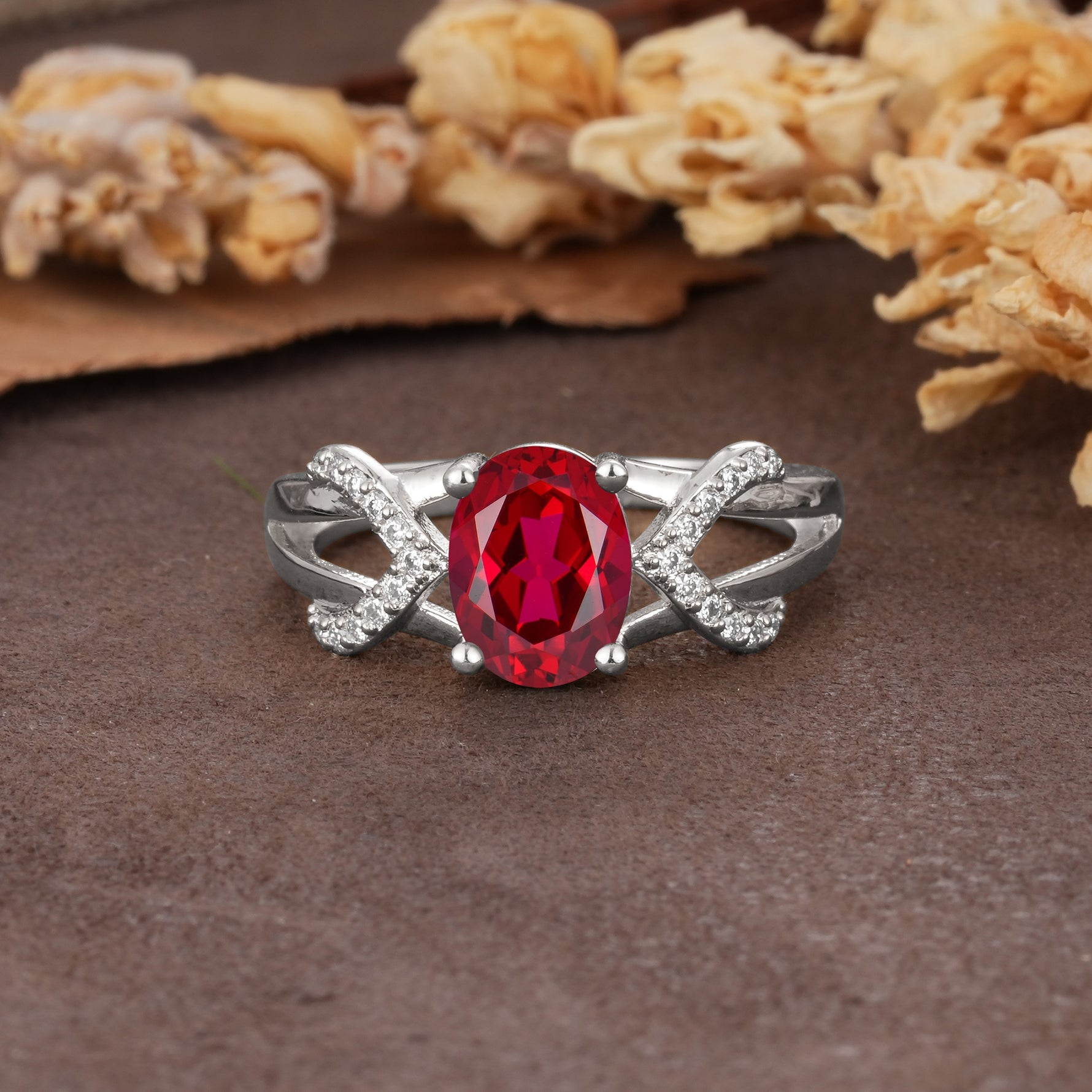 Dual Cross X Pave Accent Oval Cut Ruby Engagement Ring - Additional view