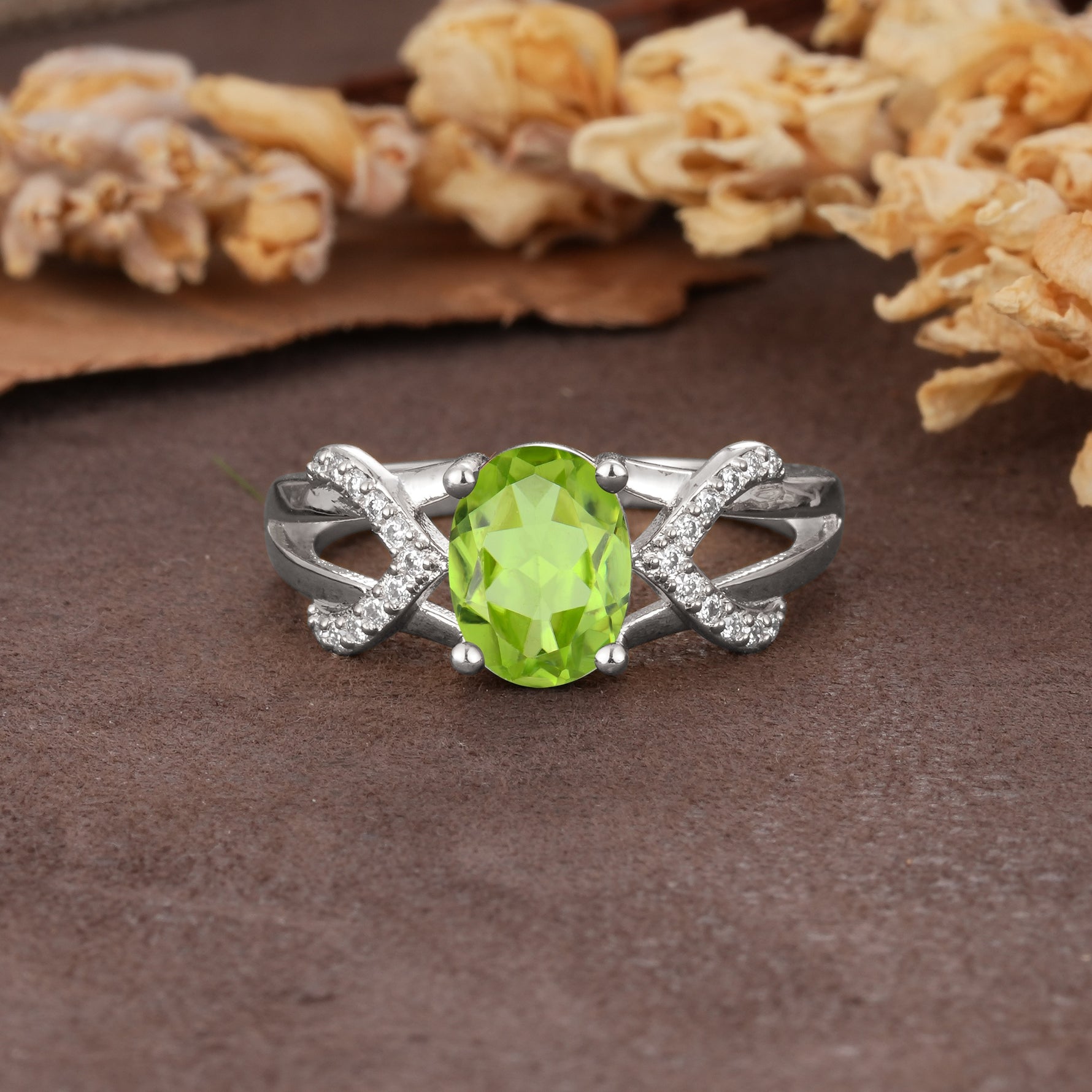 Dual Cross X Pave Accent Oval Cut Peridot Engagement Ring - Additional view