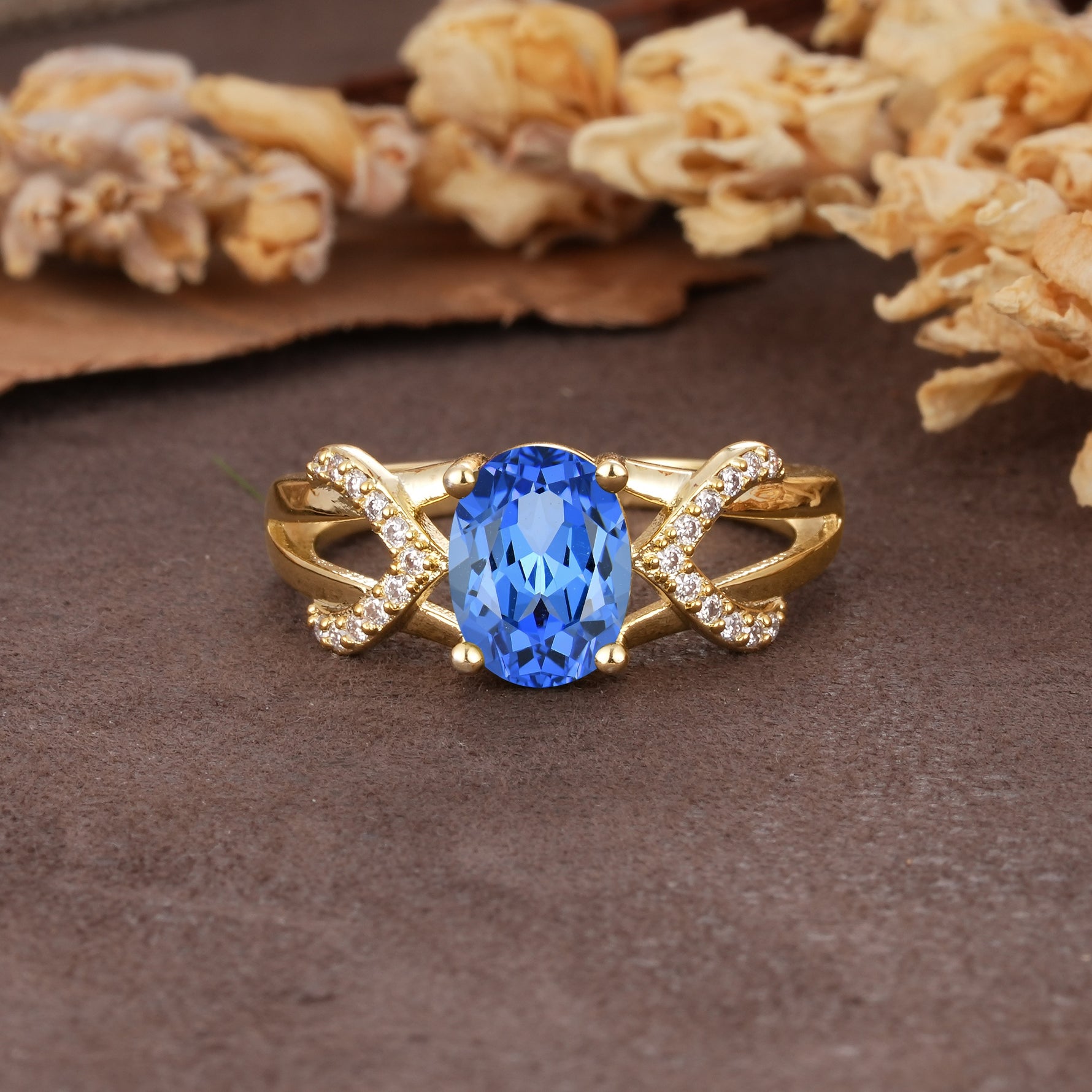 Dual Cross X Pave Accent Oval Cut Sapphire Engagement Ring - Additional view