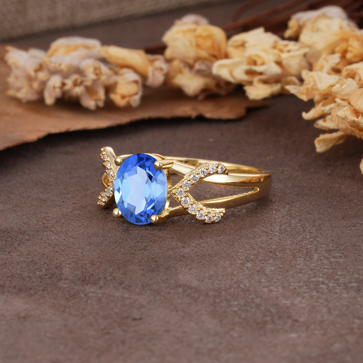 Dual Cross X Pave Accent Oval Cut Sapphire Engagement Ring - Additional view