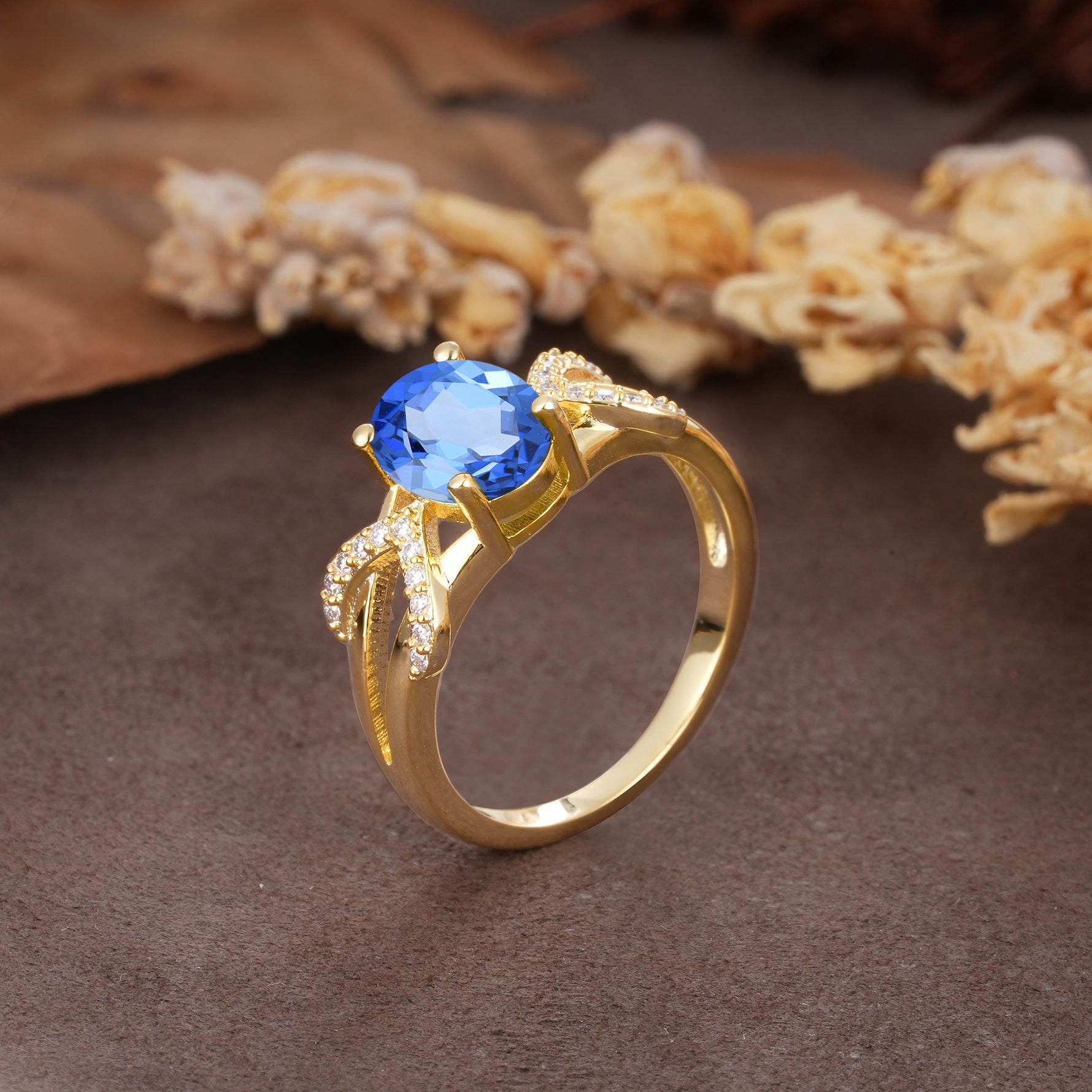 Dual Cross X Pave Accent Oval Cut Sapphire Engagement Ring - Additional view