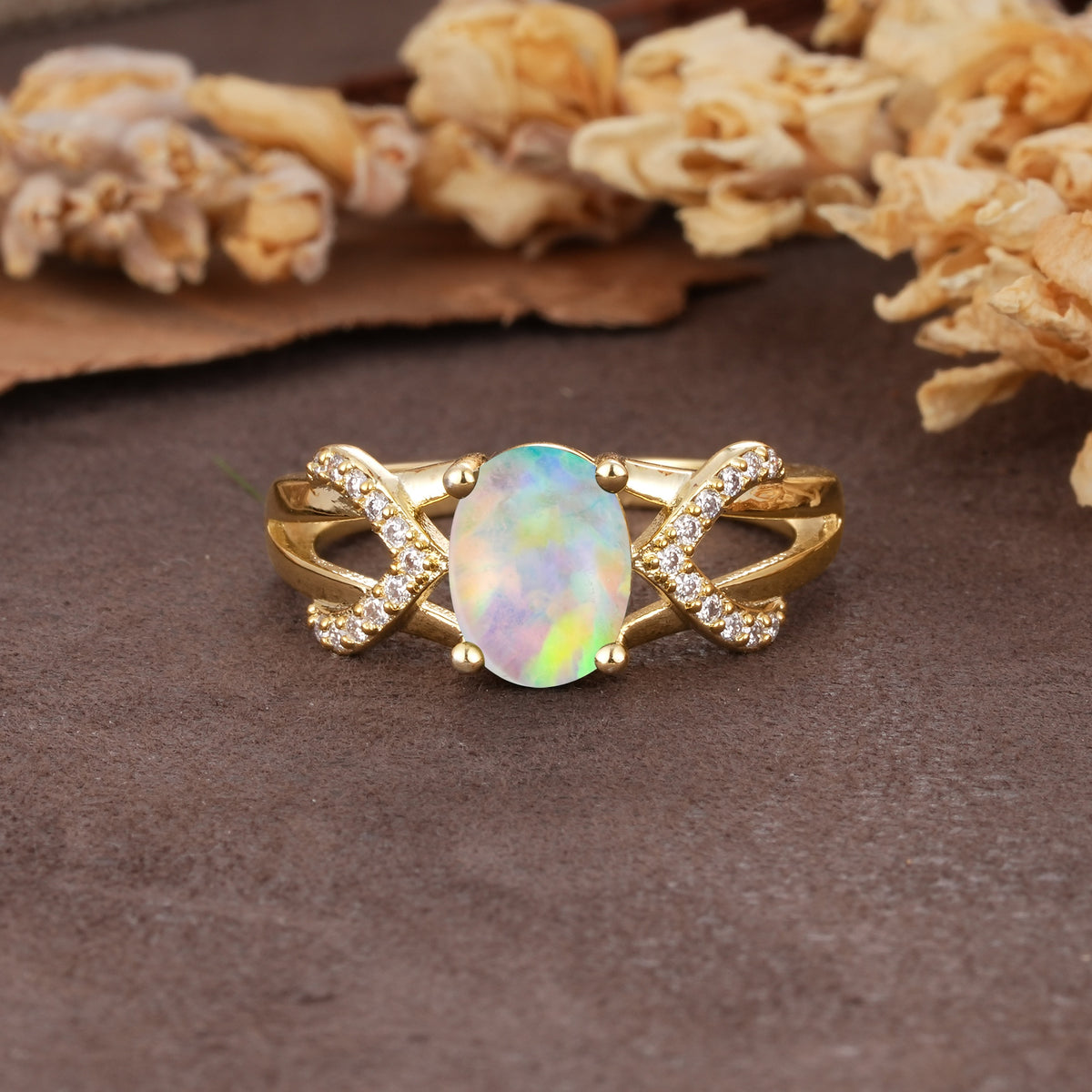 Dual Cross X Pave Accent Oval Cut Fire Opal Engagement Ring - Additional view