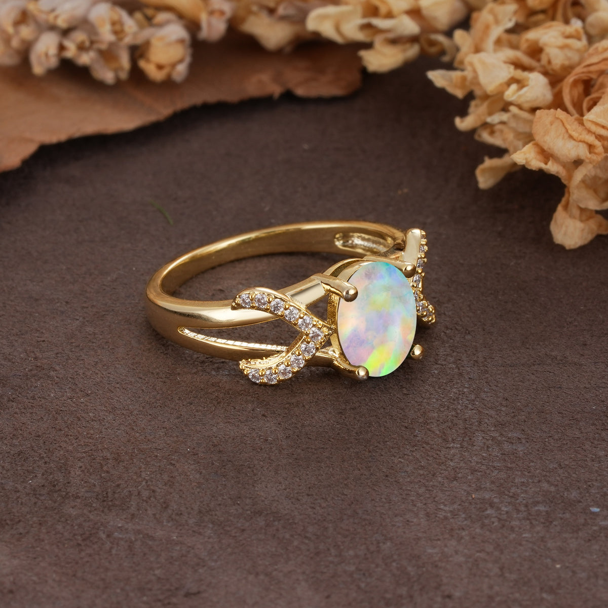 Dual Cross X Pave Accent Oval Cut Fire Opal Engagement Ring - Additional view