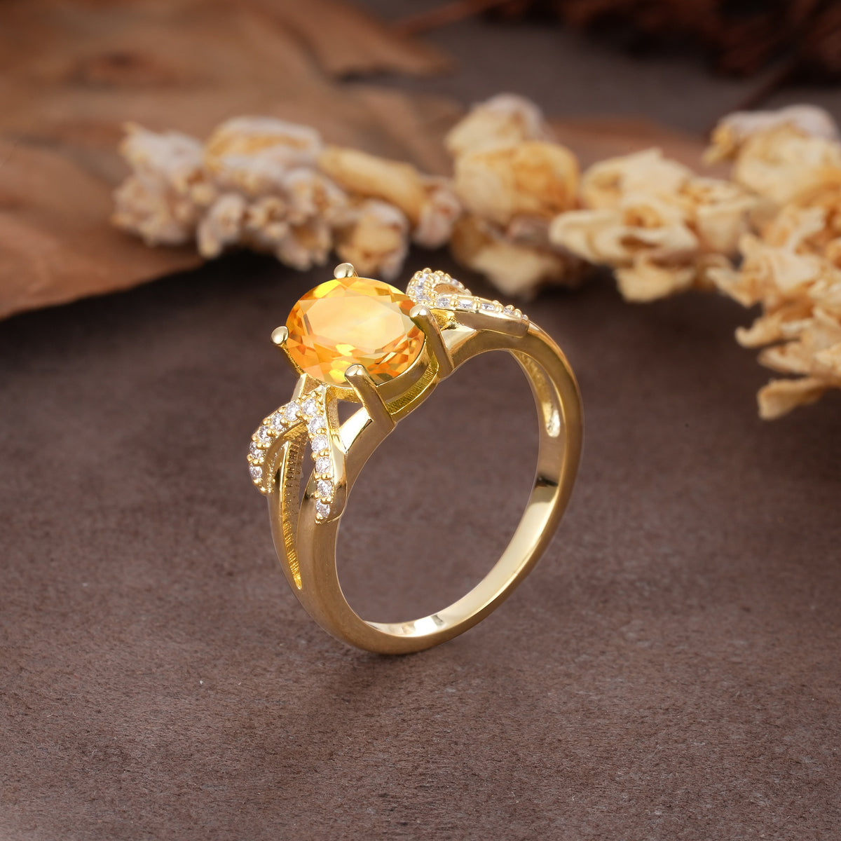 Dual Cross X Pave Accent Oval Cut Citrine Engagement Ring - Additional view