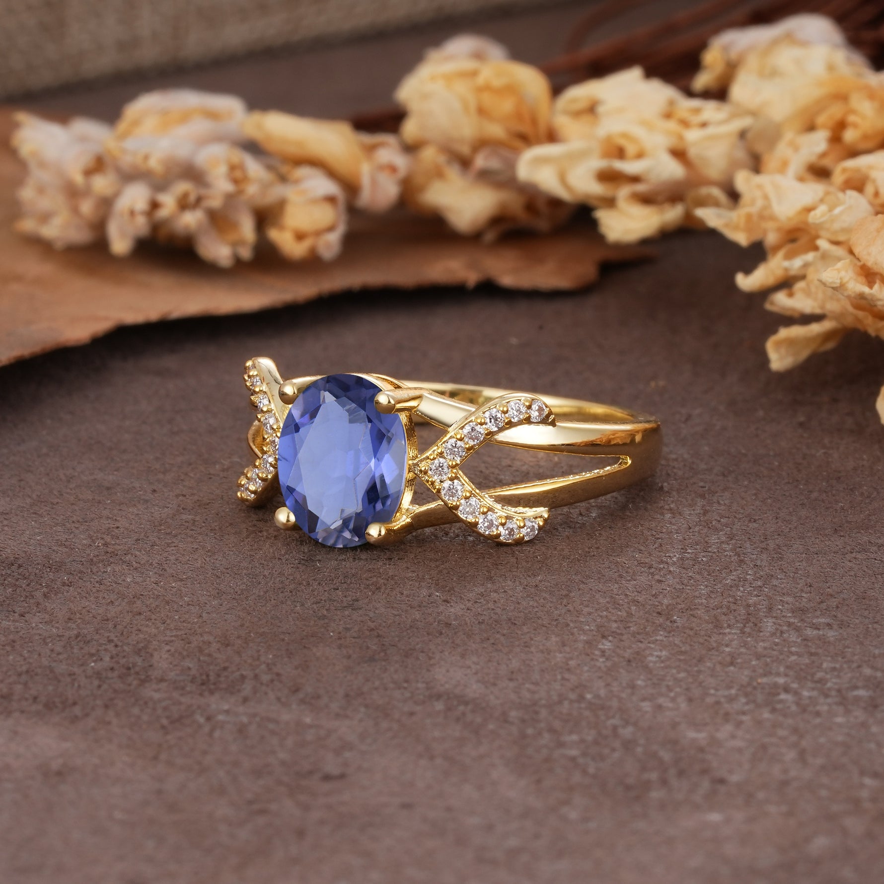 Dual Cross X Pave Accent Oval Cut Tanzanite Engagement Ring - Additional view