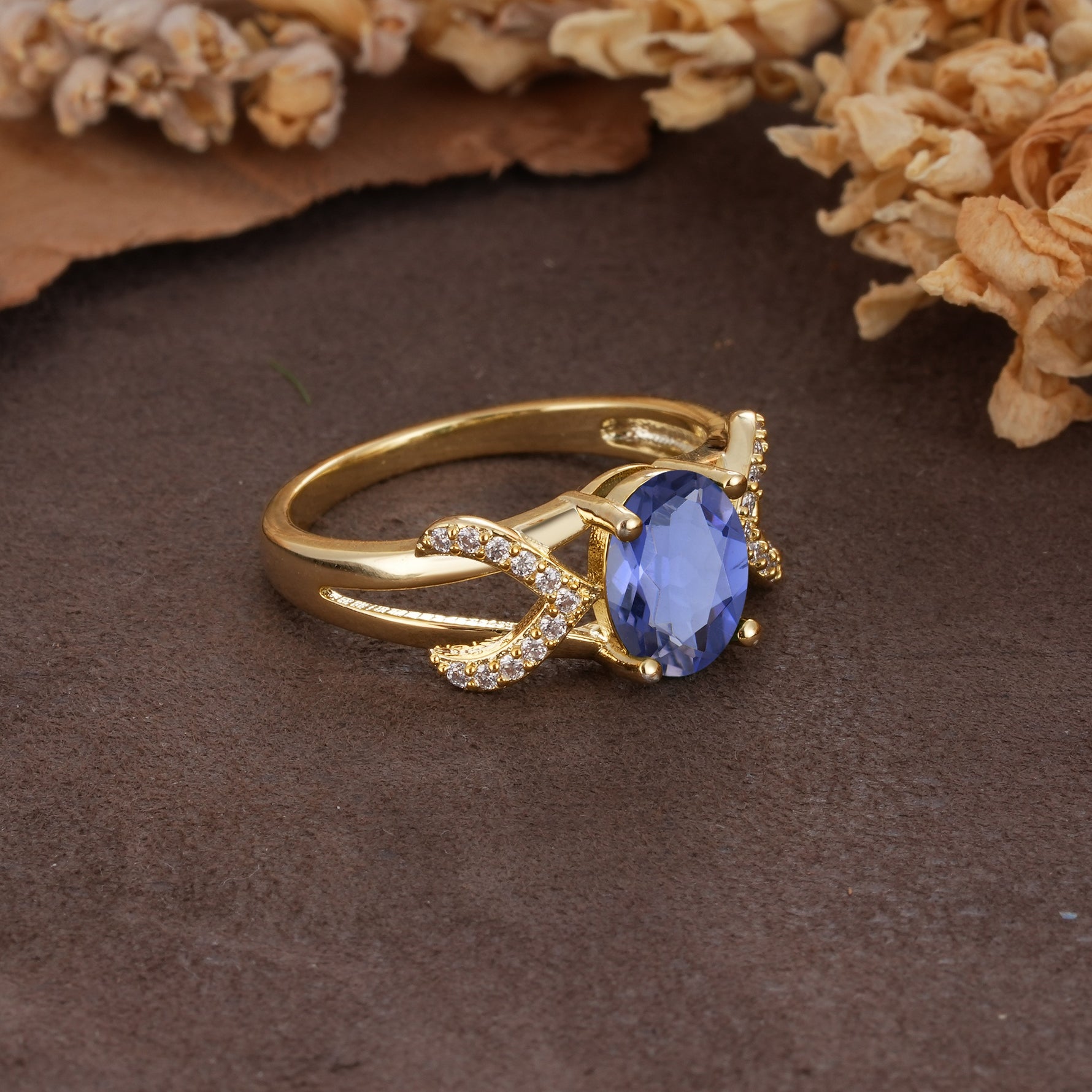 Dual Cross X Pave Accent Oval Cut Tanzanite Engagement Ring - Additional view