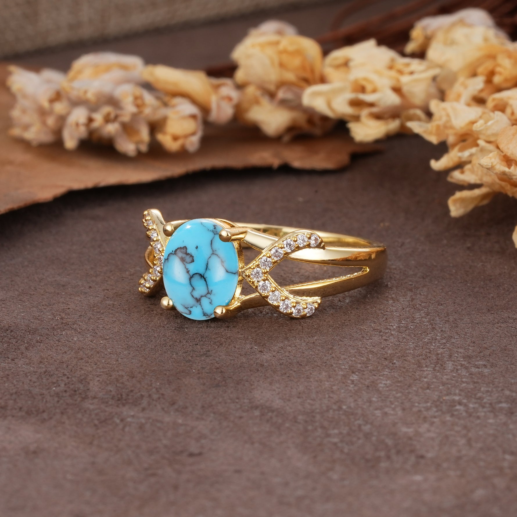 Dual Cross X Pave Accent Oval Cut Turquoise Engagement Ring - Additional view