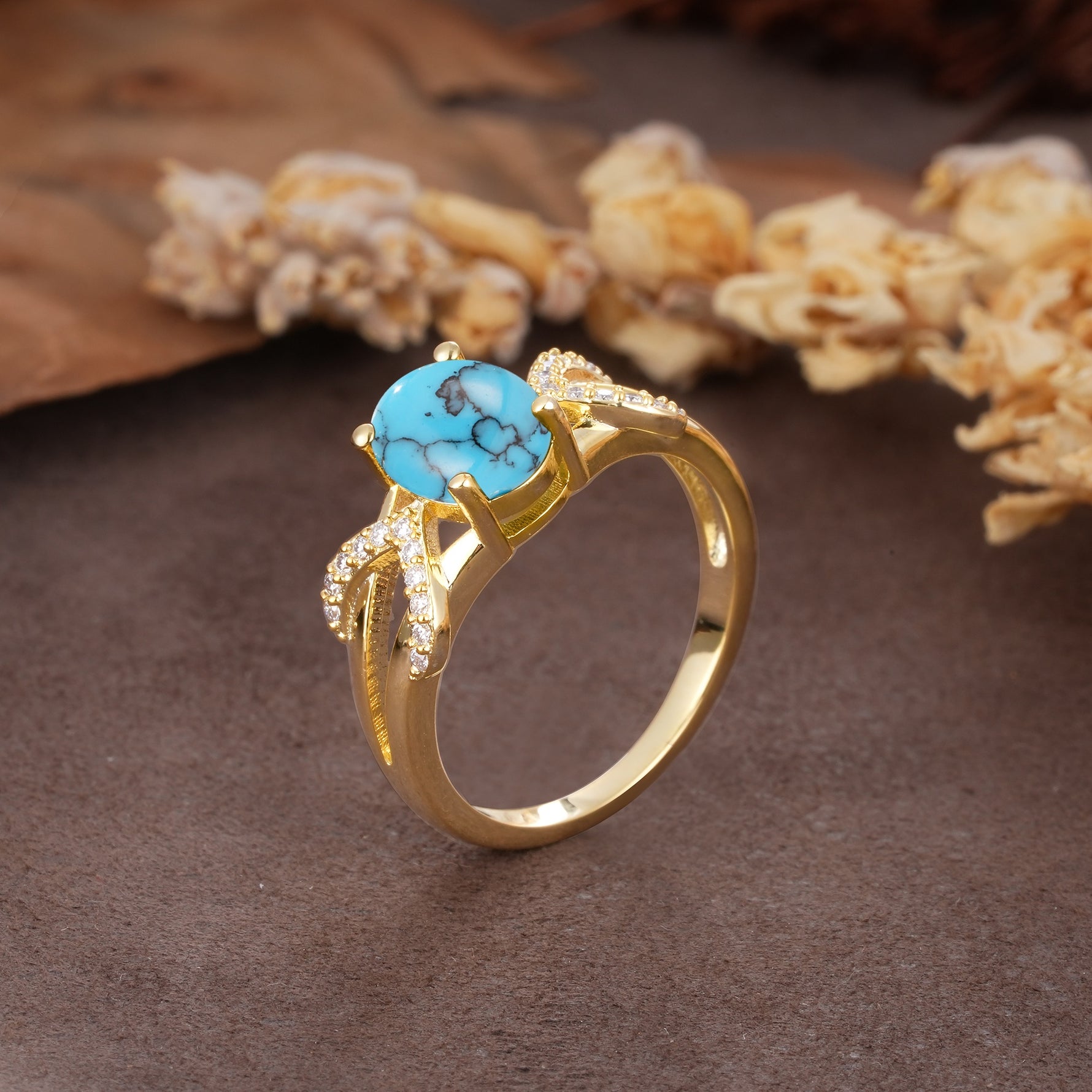 Dual Cross X Pave Accent Oval Cut Turquoise Engagement Ring - Additional view