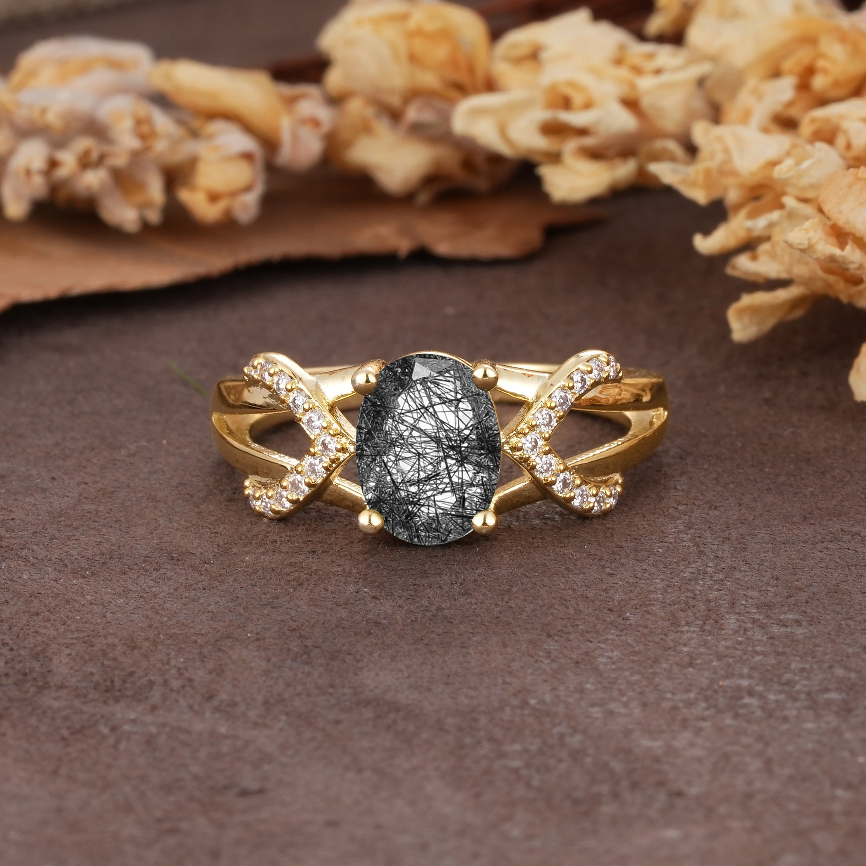 Dual Cross X Pave Accent Oval Cut Black Rutilated Quartz Engagement Ring - Additional view