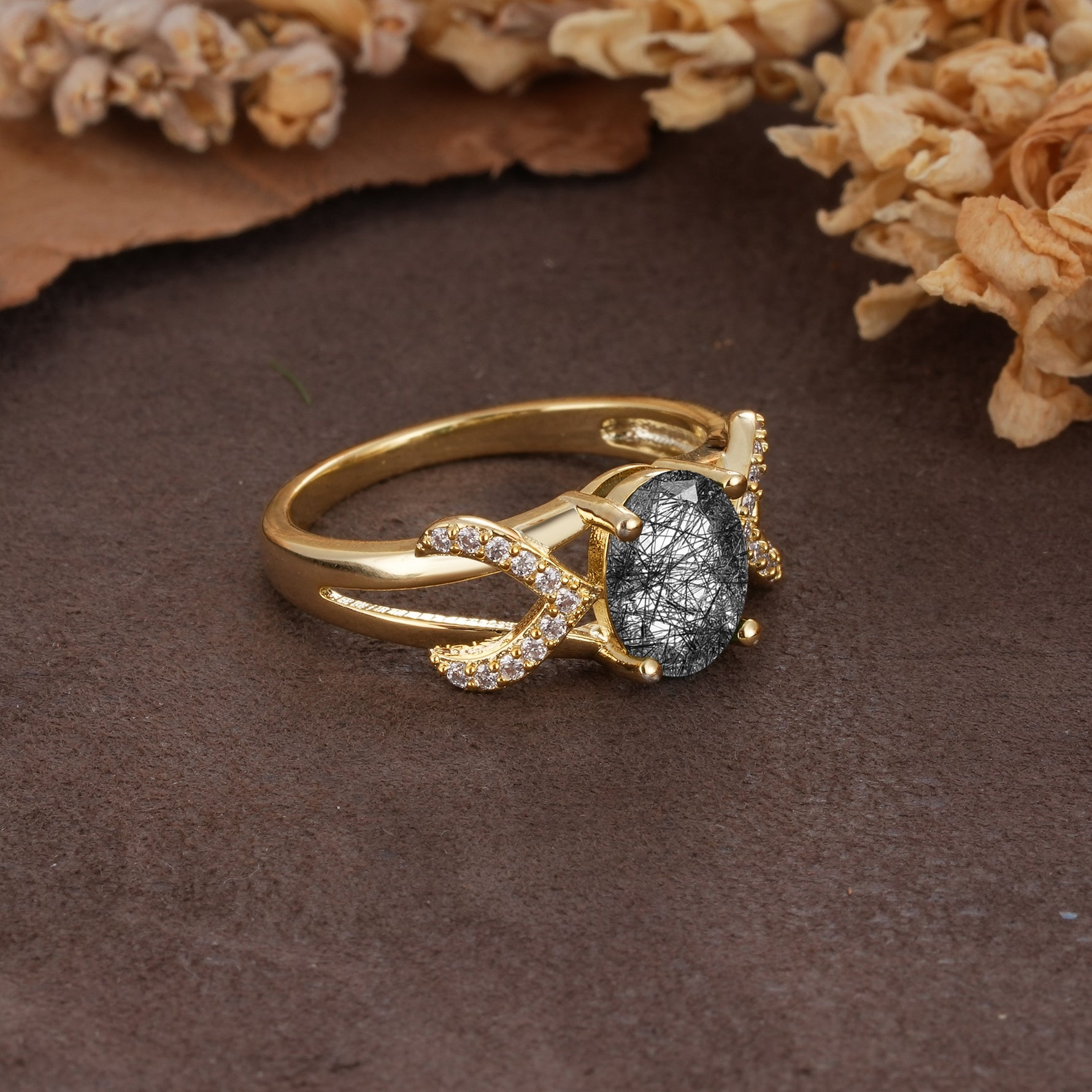 Dual Cross X Pave Accent Oval Cut Black Rutilated Quartz Engagement Ring - Additional view