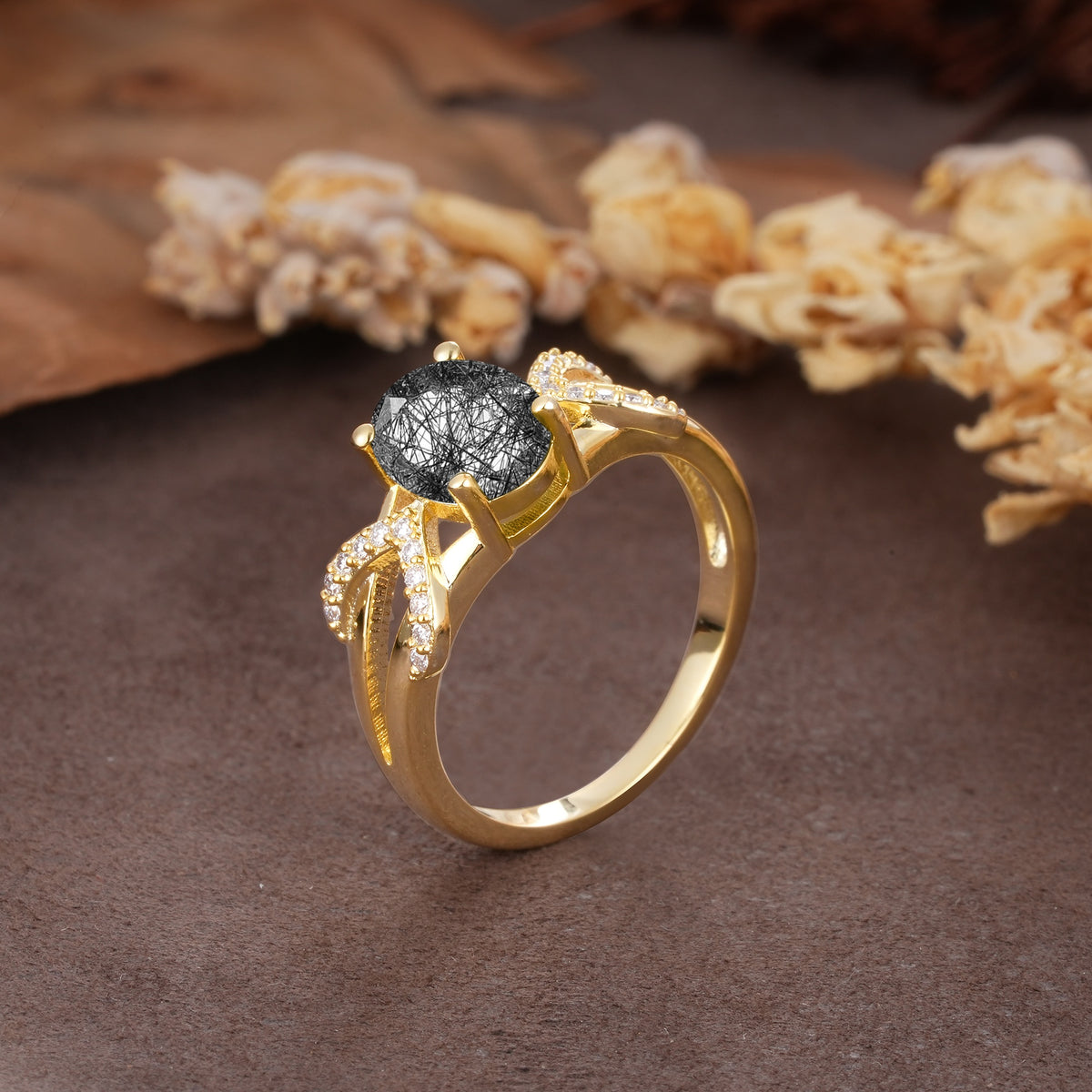 Dual Cross X Pave Accent Oval Cut Black Rutilated Quartz Engagement Ring - Additional view