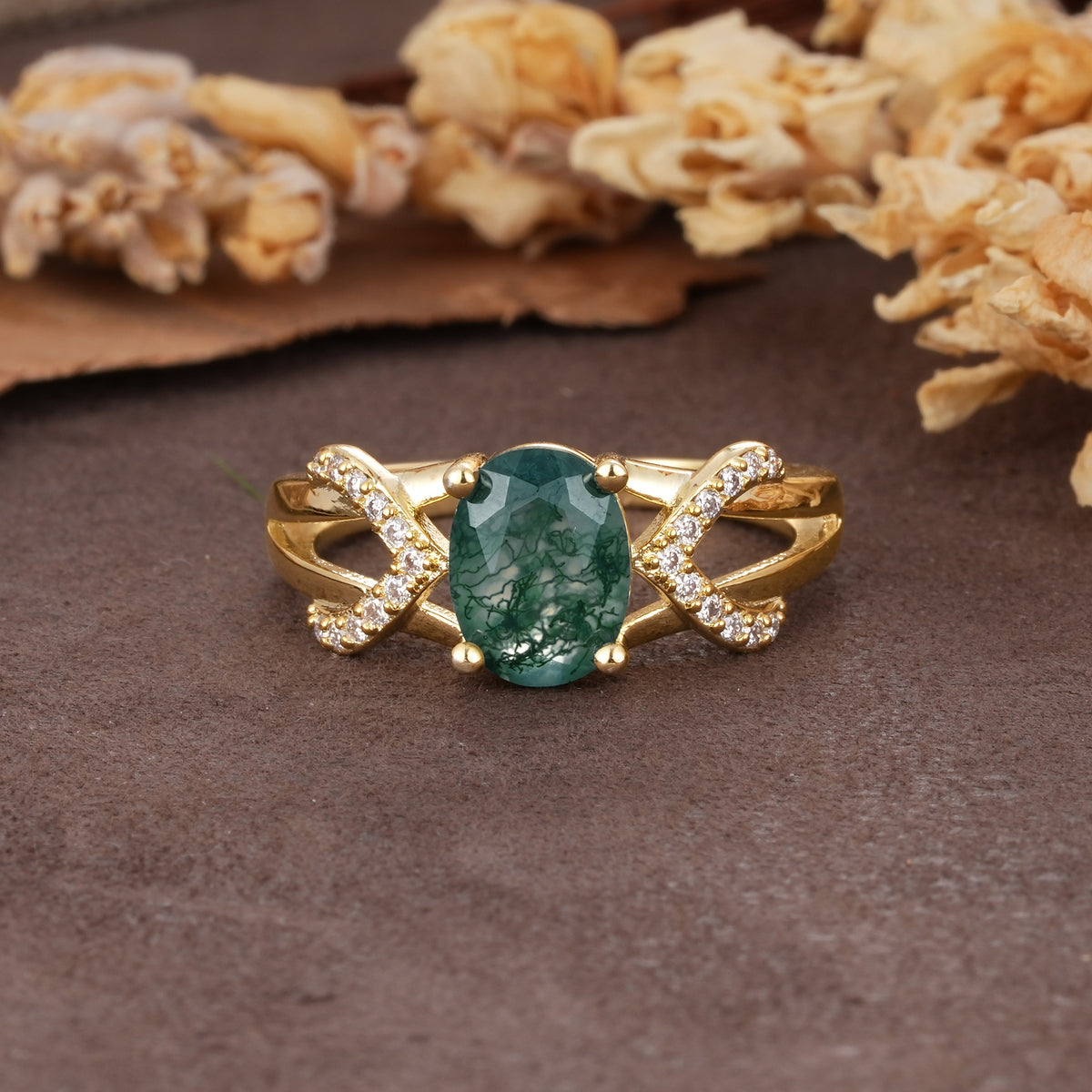 Dual Cross X Pave Accent Oval Cut Moss Agate Engagement Ring - Additional view