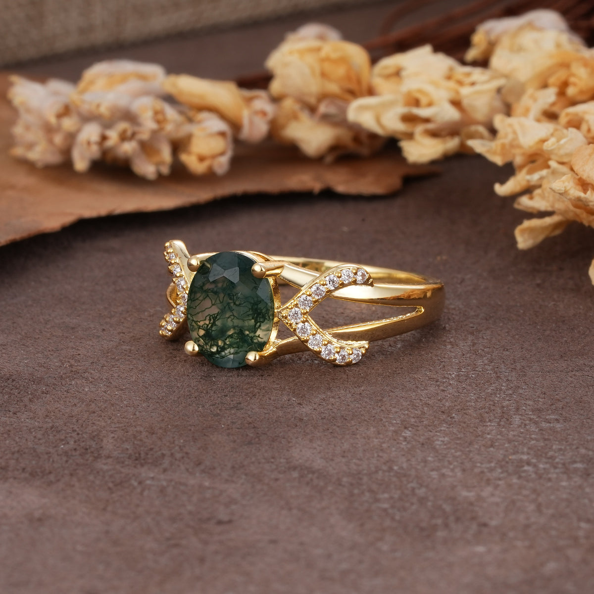 Dual Cross X Pave Accent Oval Cut Moss Agate Engagement Ring - Additional view