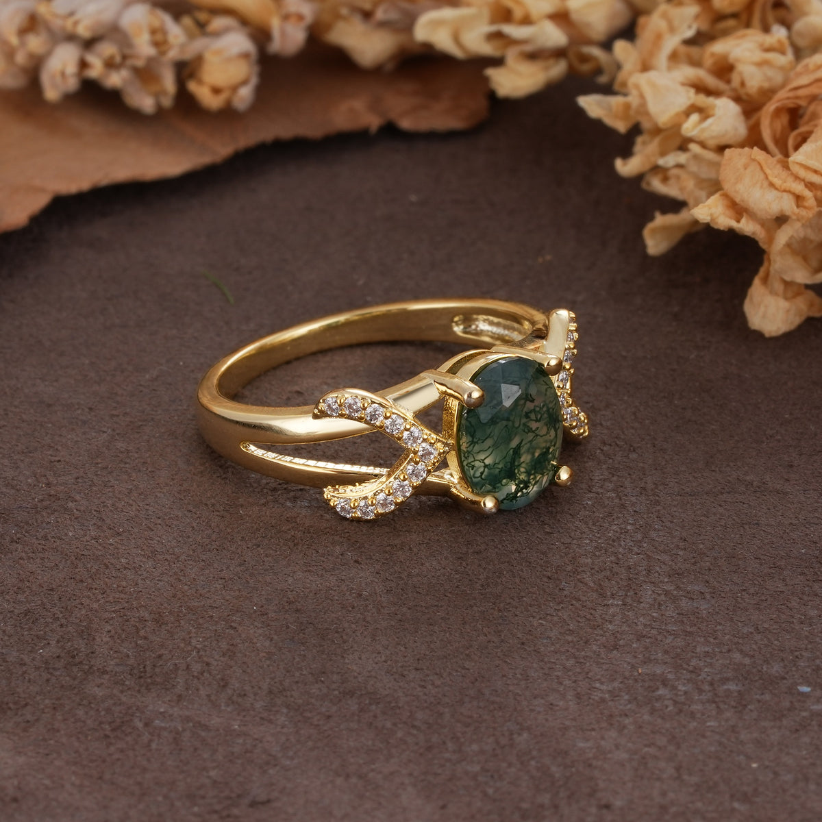 Dual Cross X Pave Accent Oval Cut Moss Agate Engagement Ring - Additional view