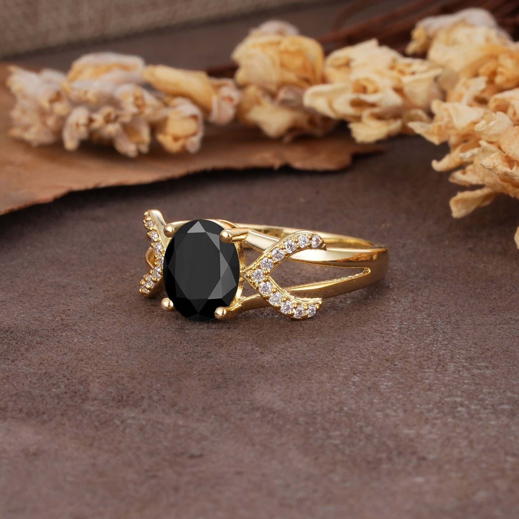 Dual Cross X Pave Accent Oval Cut Black Onyx Engagement Ring - Additional view