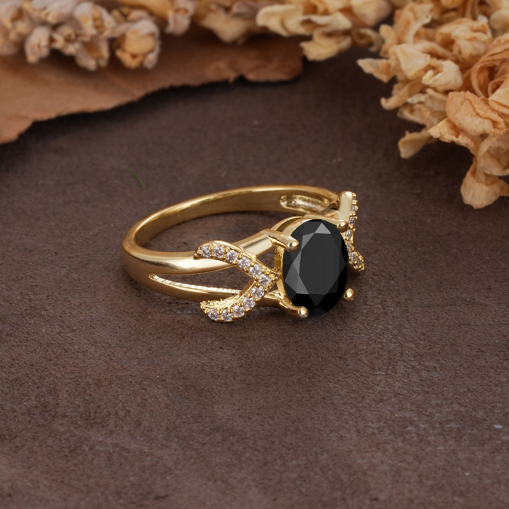 Dual Cross X Pave Accent Oval Cut Black Onyx Engagement Ring - Additional view